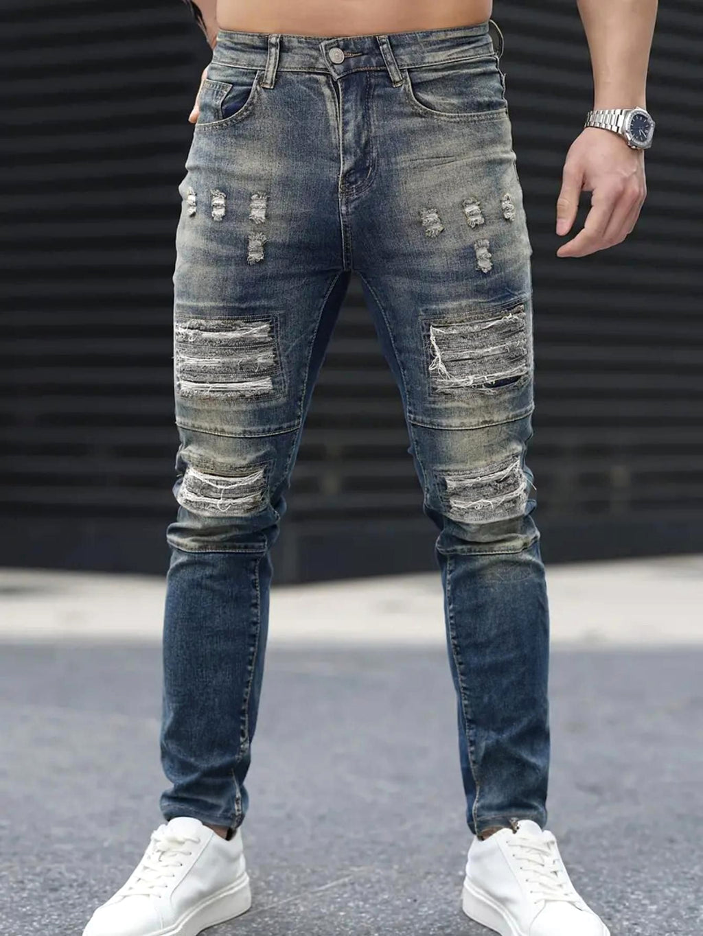 Men’s Ripped Stretch Jeans – Navy High Street | Urban Cool 25 Edition - enhanced image 4