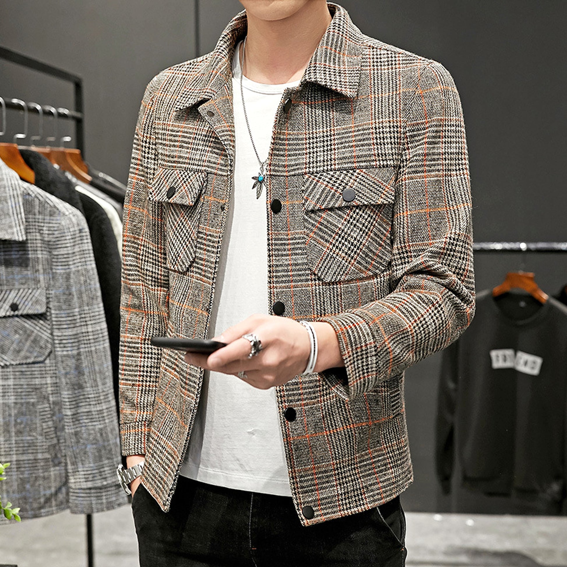 Men's Casual Plaid Jacket Lapel Cropped Coat - enhanced image 4