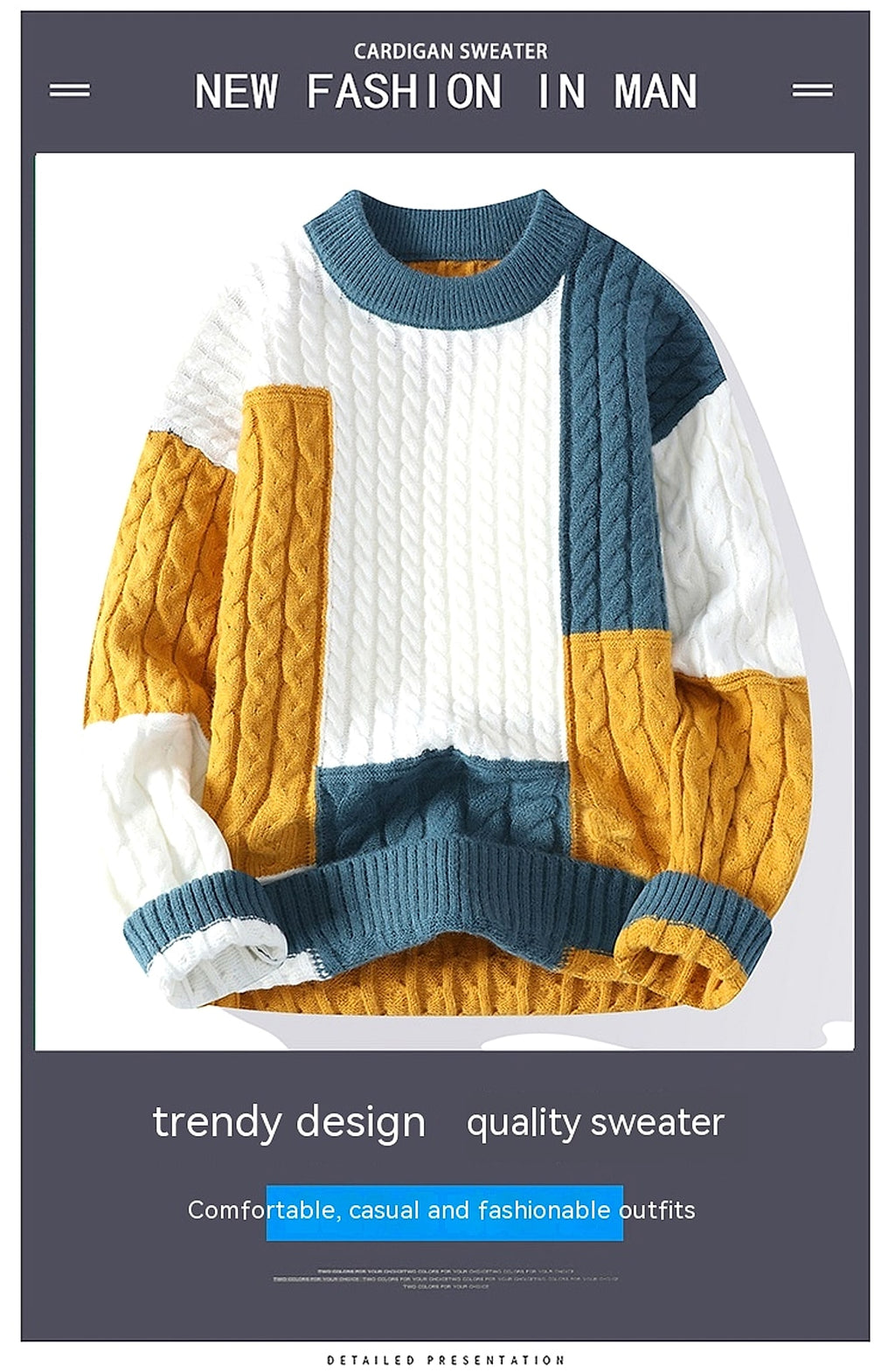 Men's Crew Neck Pullover Sweater Color Contrast Patchwork - enhanced image 4