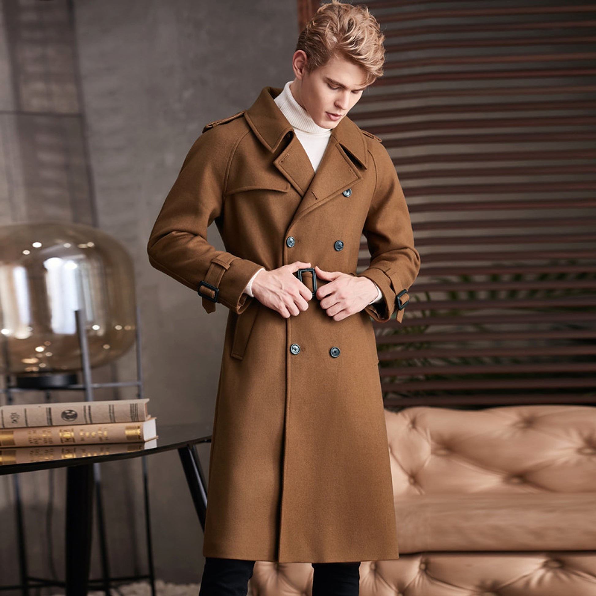 Men's Double Breasted Knee Length Woolen Trench Coat - enhanced image 4