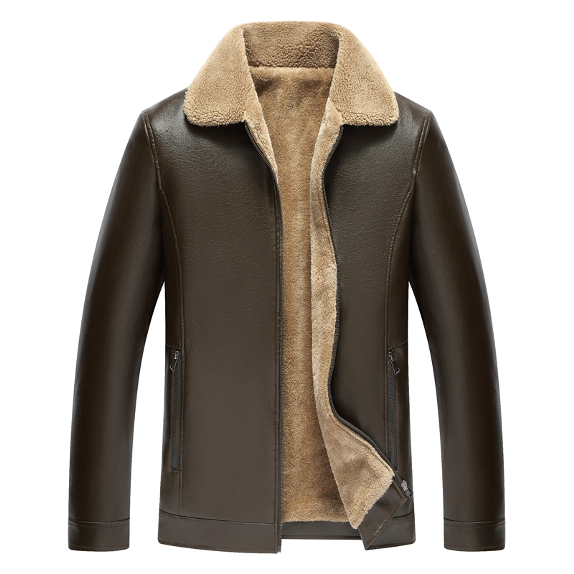 Men's Fashion Casual Polo Collar Fleece-lined Thickened Leather Jacket Coat - enhanced image 4