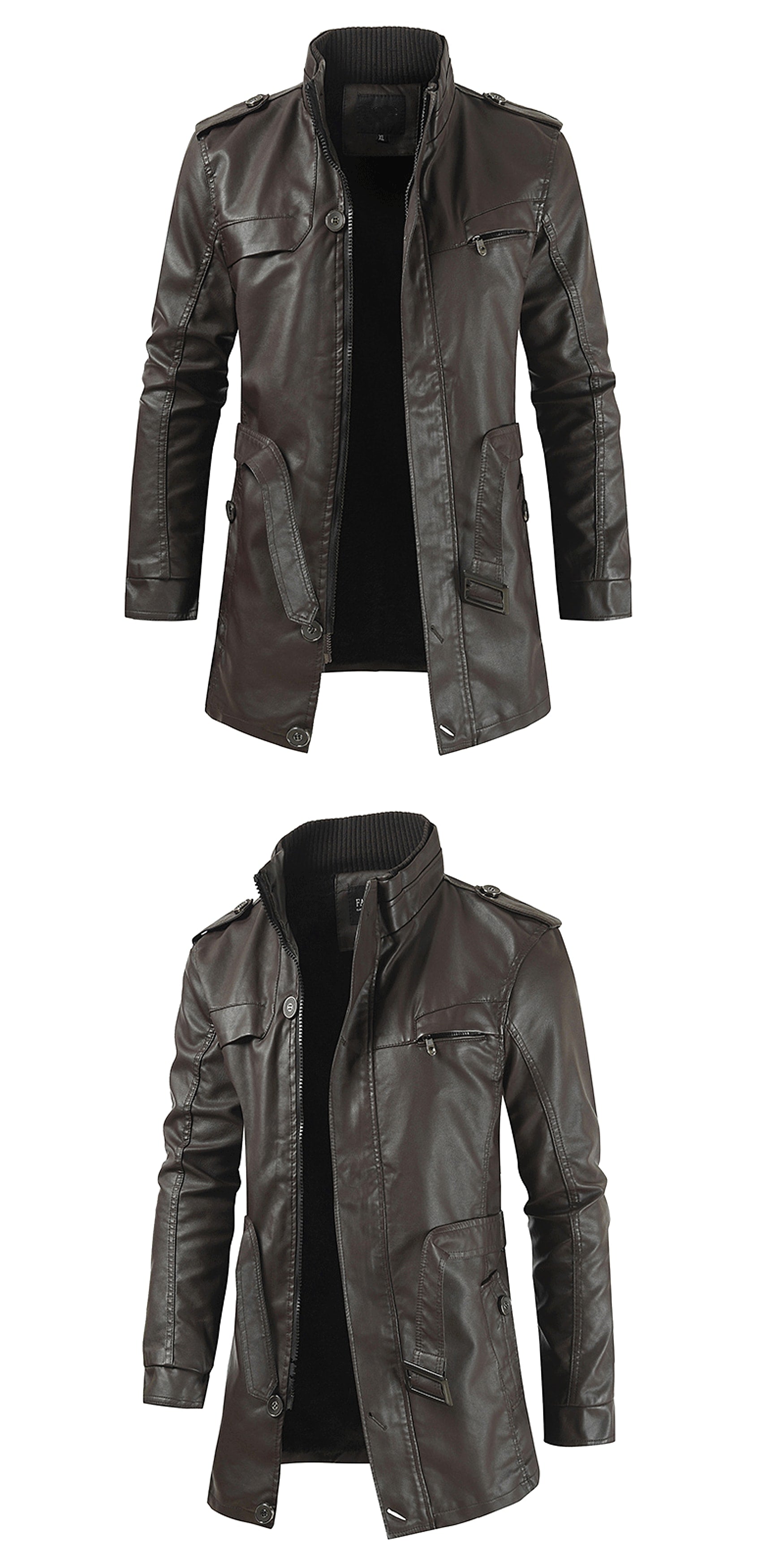 Men's Mid-length Fleece-lined Casual Stand Collar Leather Wind Coat - enhanced image 4