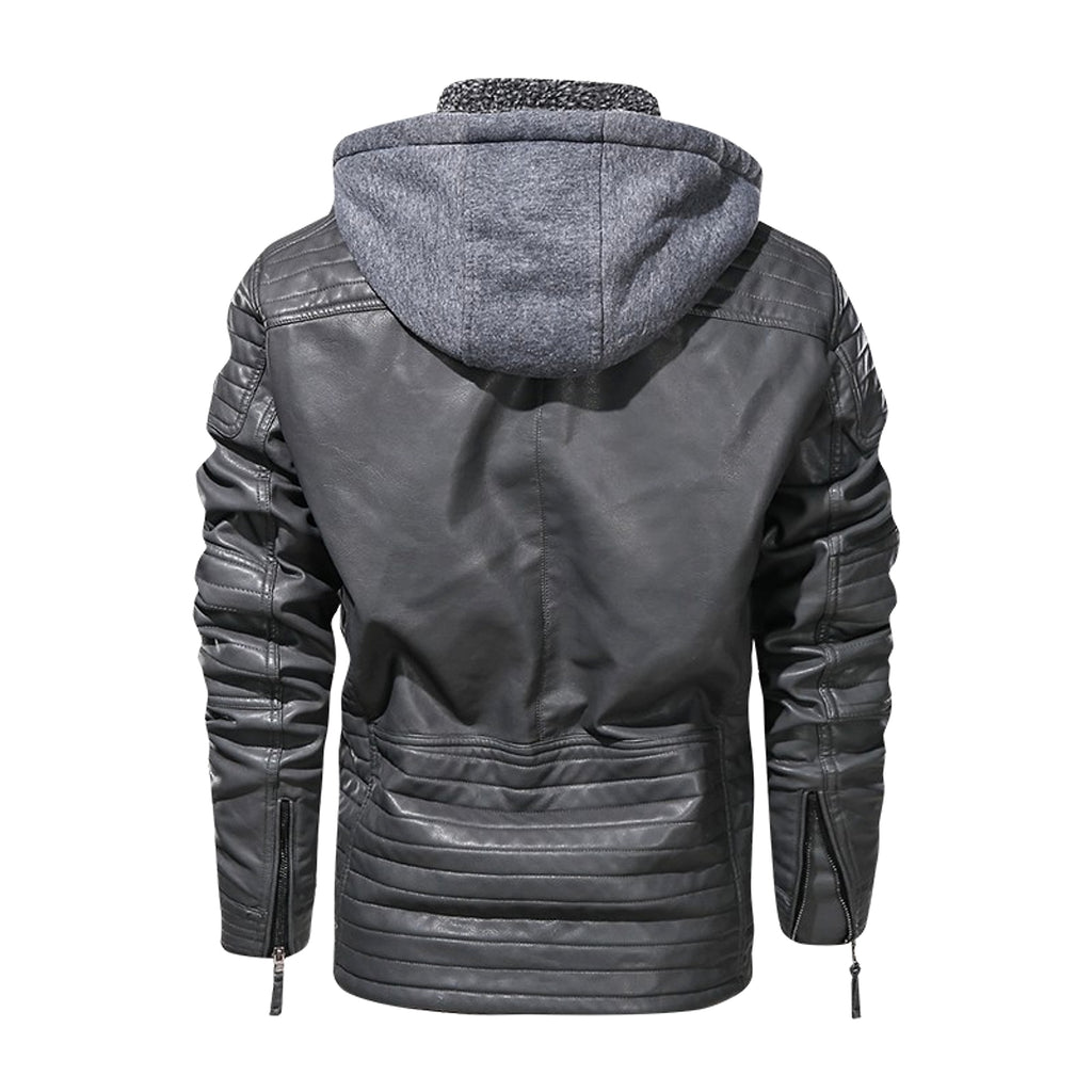 Men's PU Leather Coat Hooded Cotton Addition Leather Jacket Coat - enhanced image 4