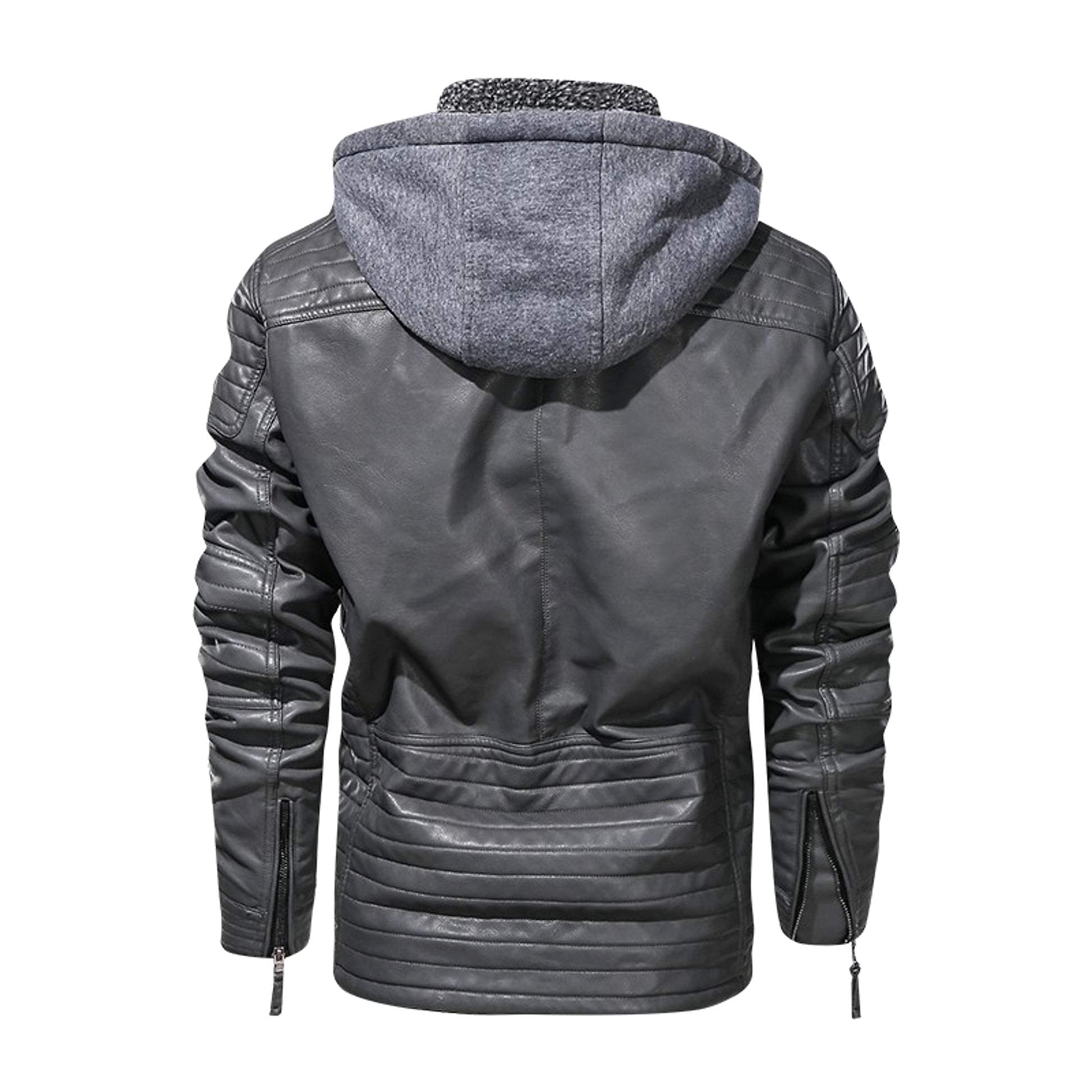 Men's PU Leather Coat Hooded Cotton Addition Leather Jacket Coat - enhanced image 4