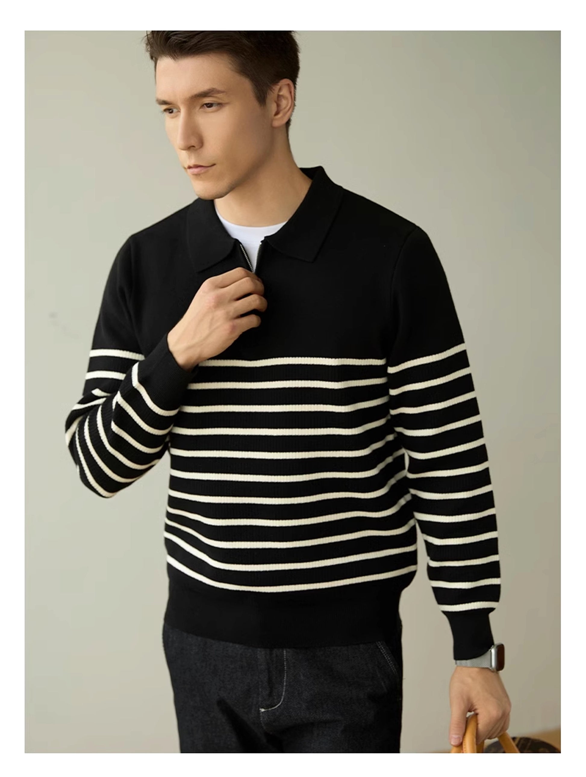 Men's Spring And Autumn New Half Zipper Striped Business Casual Sweater - enhanced image 4