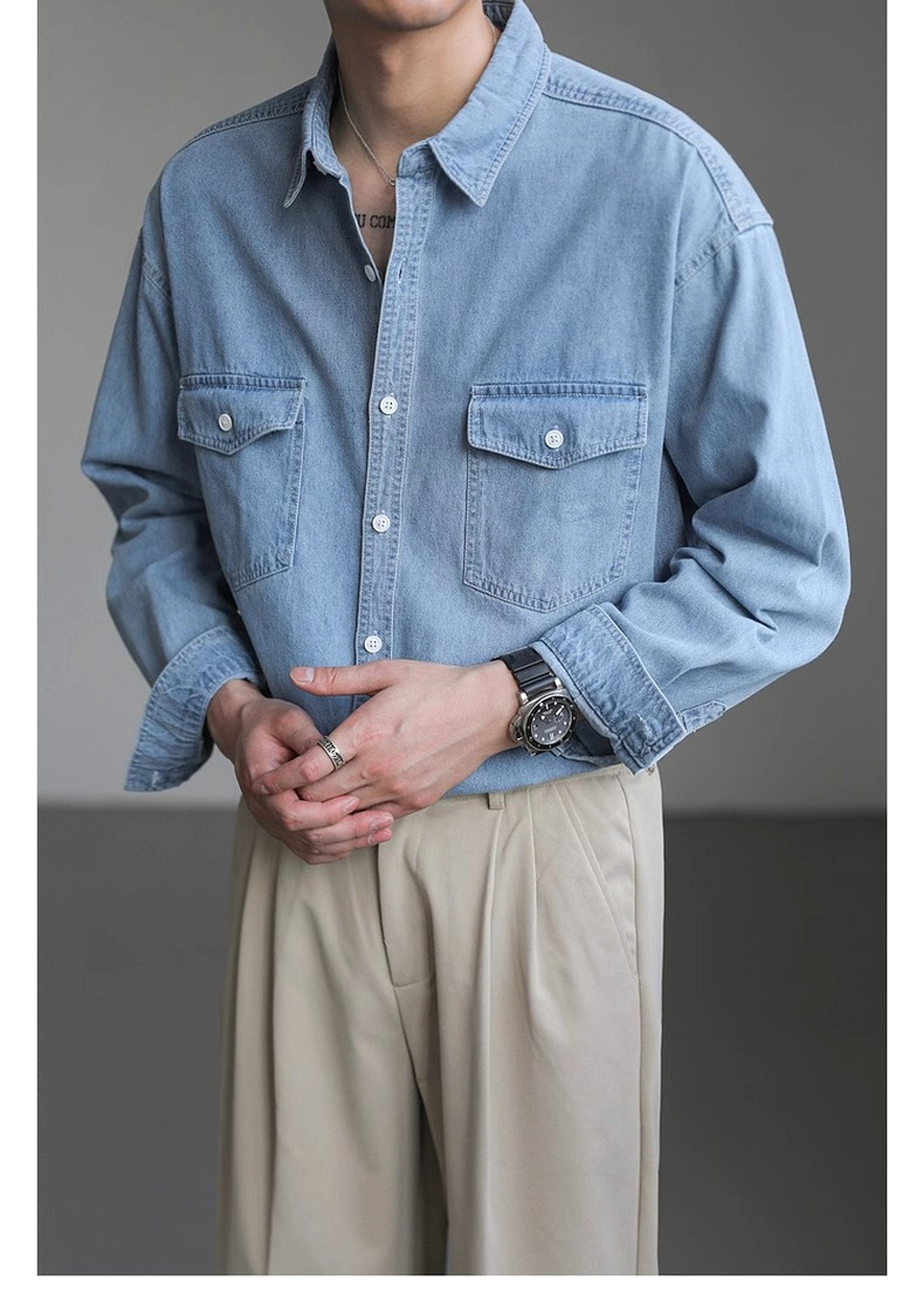 Minority Simple Long Sleeve Denim DressShirt Men's Loose - enhanced image 4