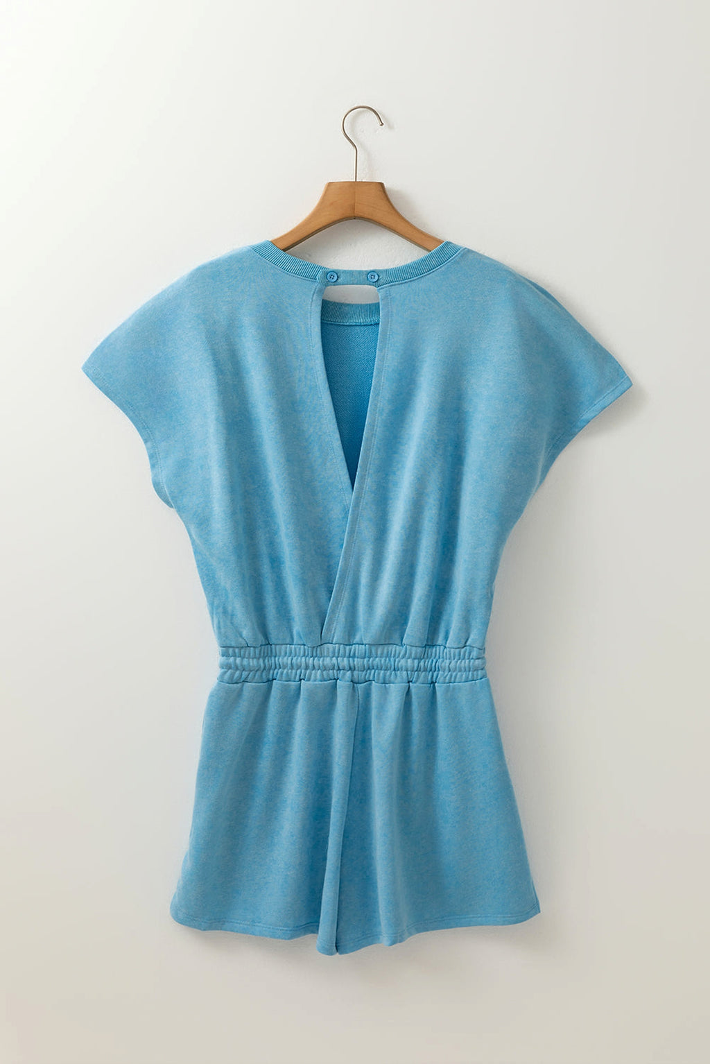 Mist Blue Mineral Wash Drawstring Waist Hollow Out Back Short Sleeve Romper - enhanced image 4