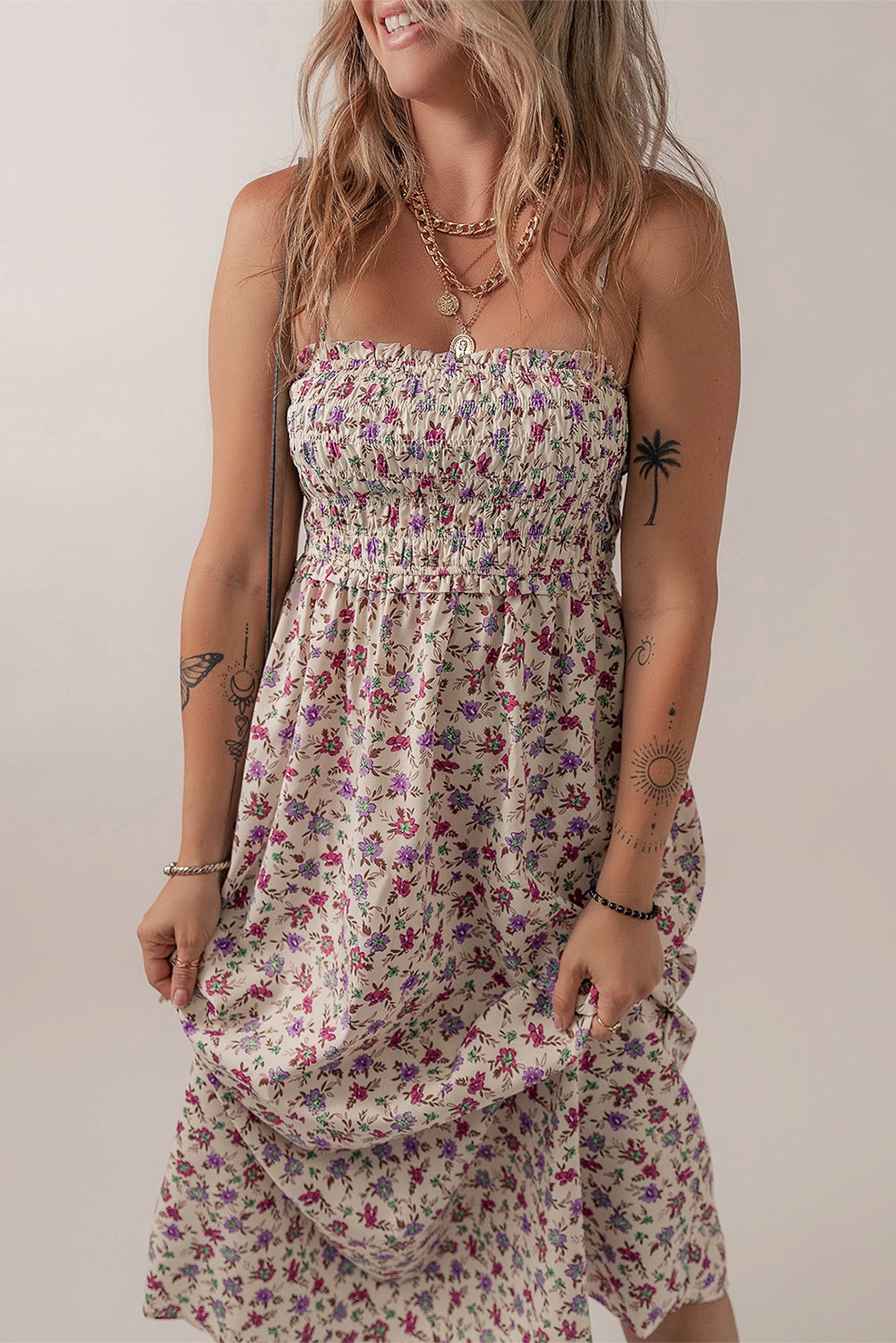 Multicolour Bohemian Ditsy Floral Smocked Fit Flare Sundress - enhanced image 4