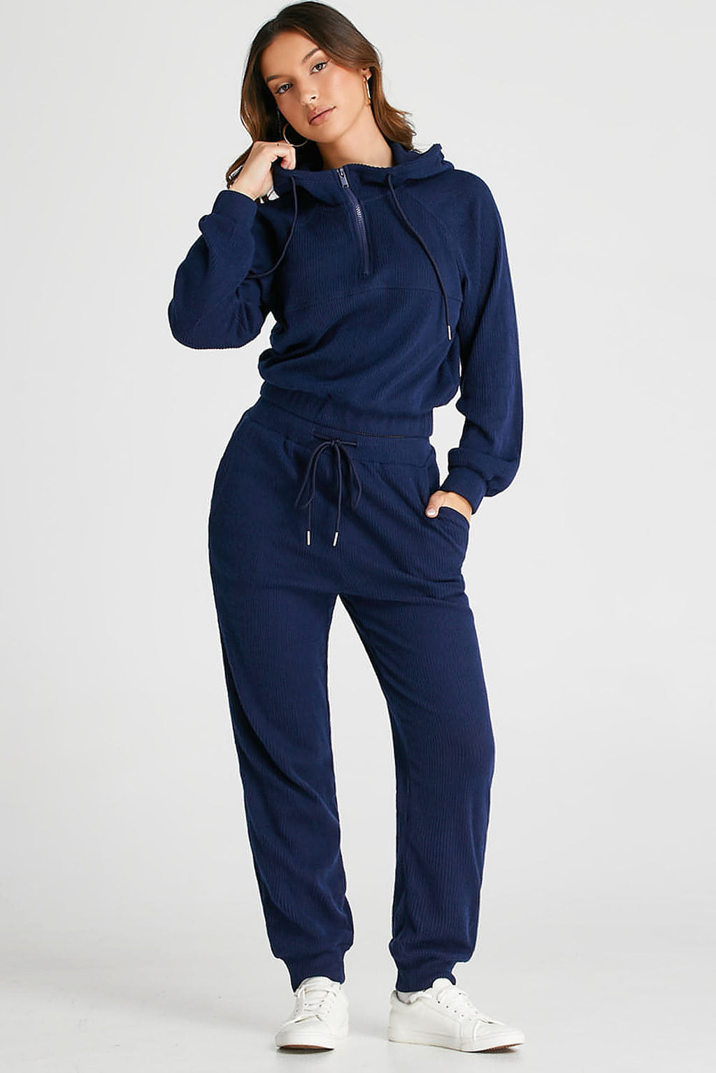 Navy Blue Ribbed Knit Cropped Hoodie and Drawstring Joggers Set - enhanced image 4