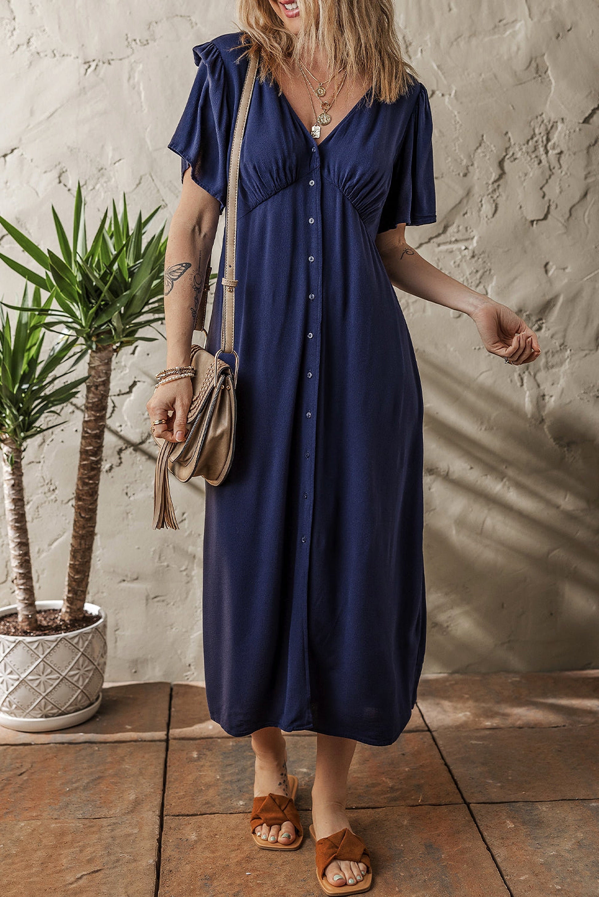 Navy Blue V Neck Buttoned Front Shirred Back Short Sleeve Midi Dress - enhanced image 4