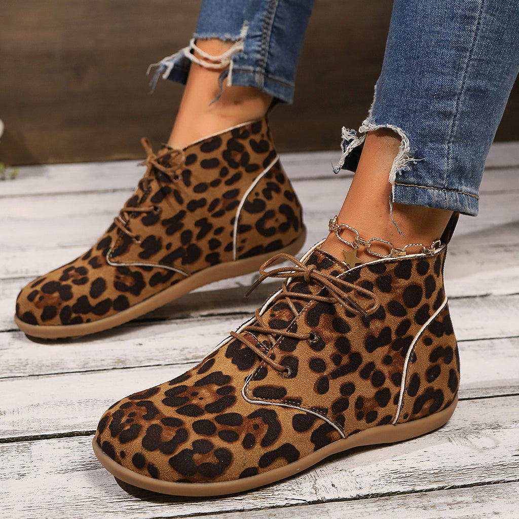 New Lace-up Flat Leopard Print Casual Boots Women - enhanced image 4