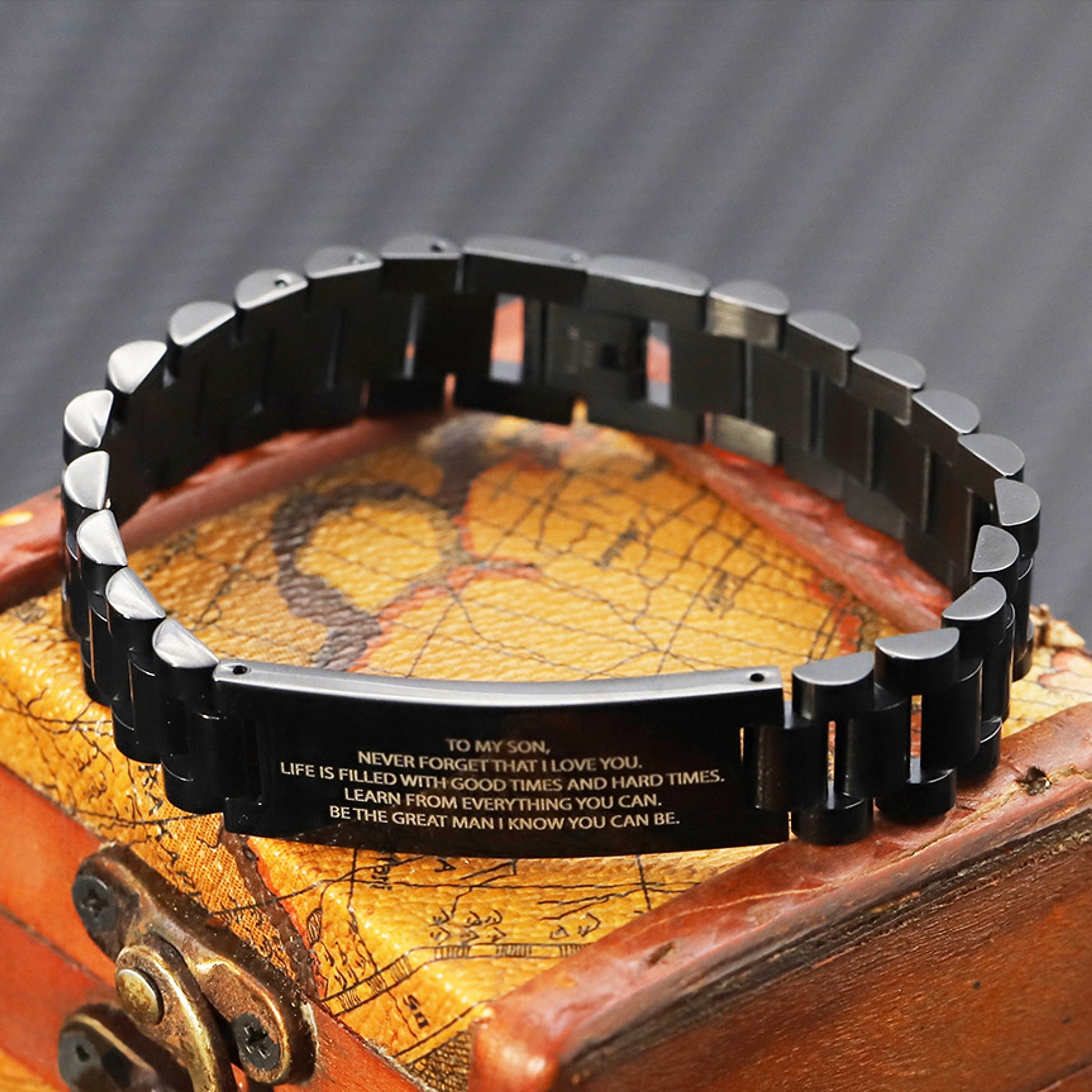 Men's Stainless Steel Black Strap Lettering Bracelet – Stylish & Durable - enhanced image 4