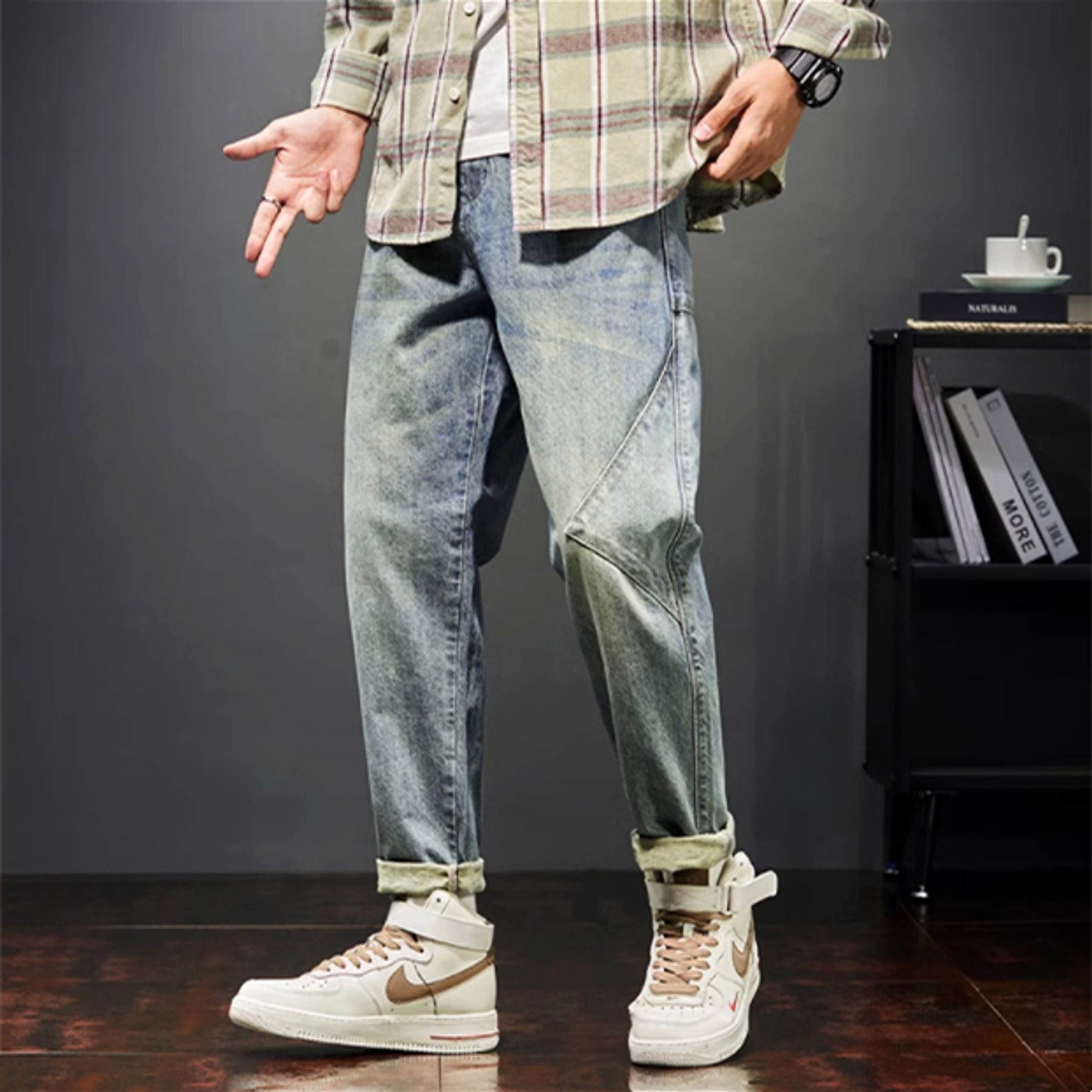 New Trendy Loose Straight Tube Haren Workwear Nine Quarter Jeans - enhanced image 4