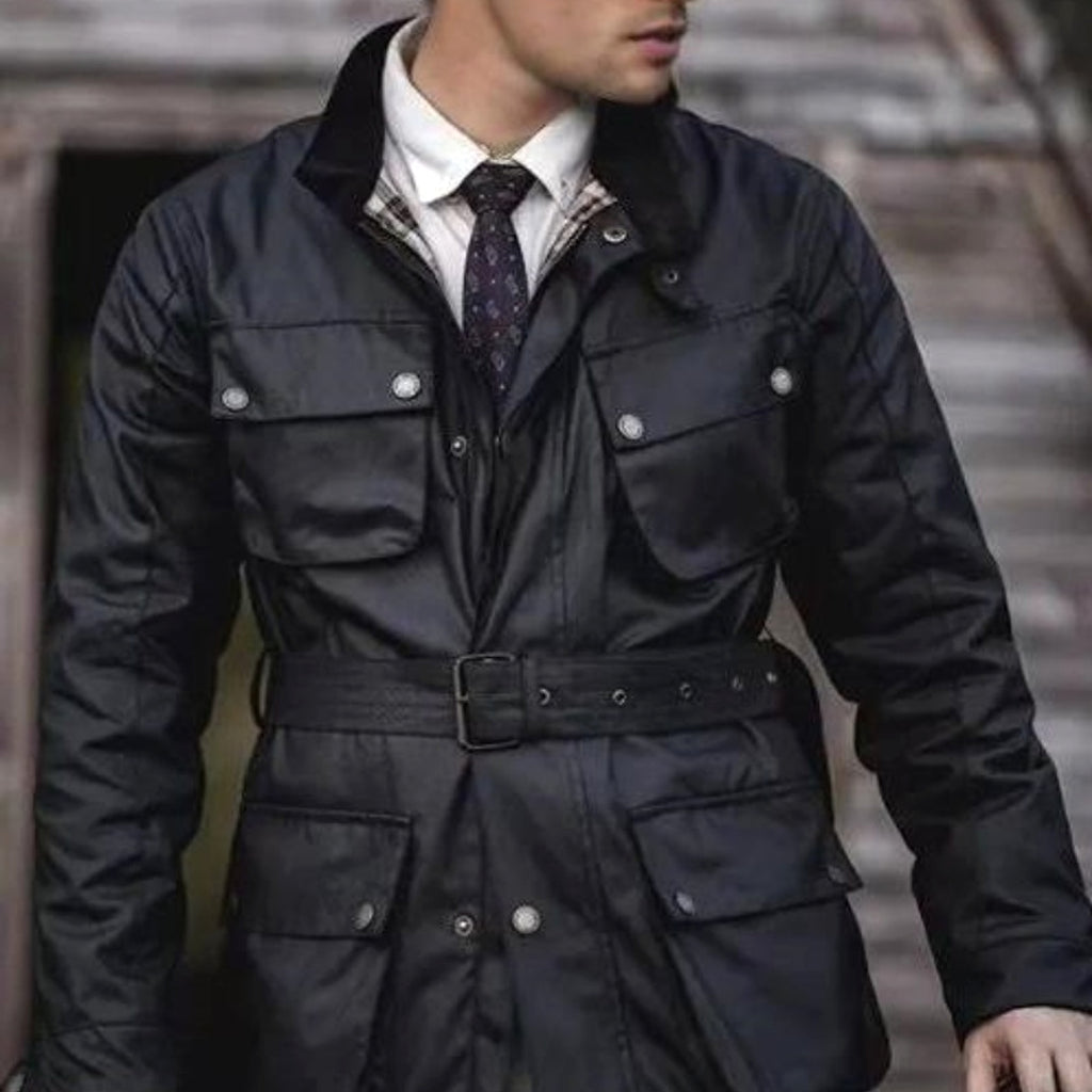 Oil Wax Jacket Trench Retro Biker's Waterproof Coat For Men - enhanced image 4