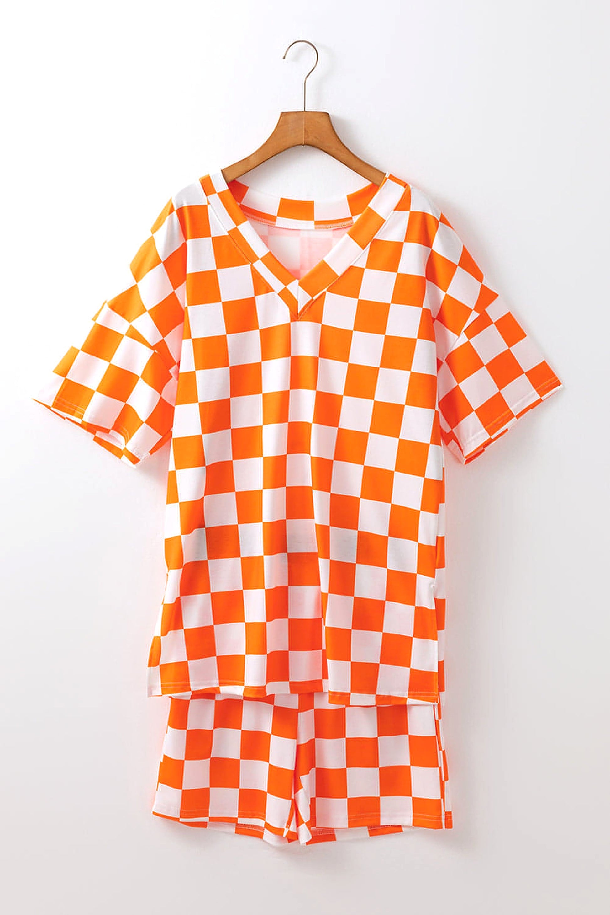 Orange Checkerboard Print V Neck Loose Tee and Shorts Lounge Set - enhanced image 4
