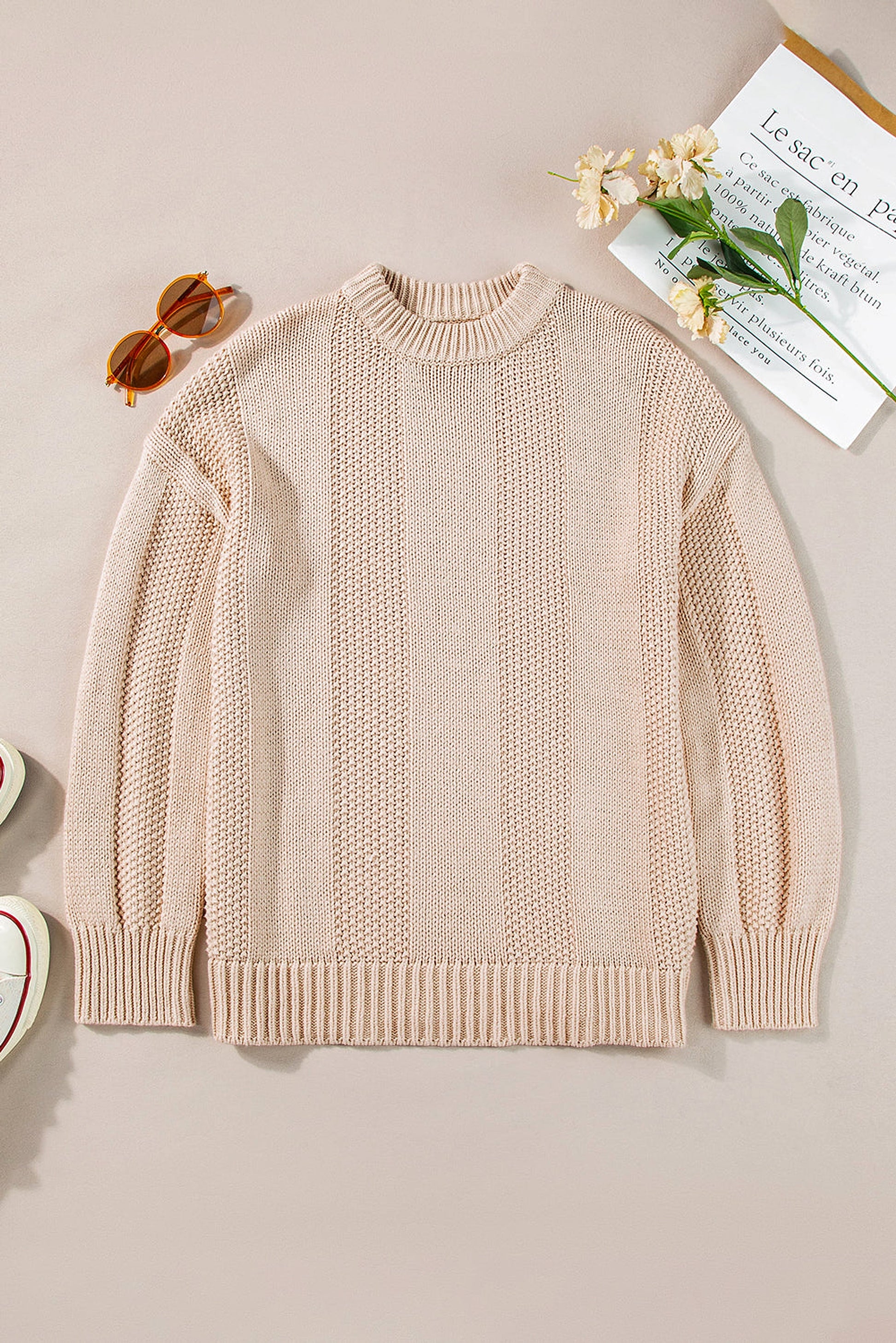 Pale Khaki Solid Color Cable Knit Ribbed Loose Sweater - enhanced image 4