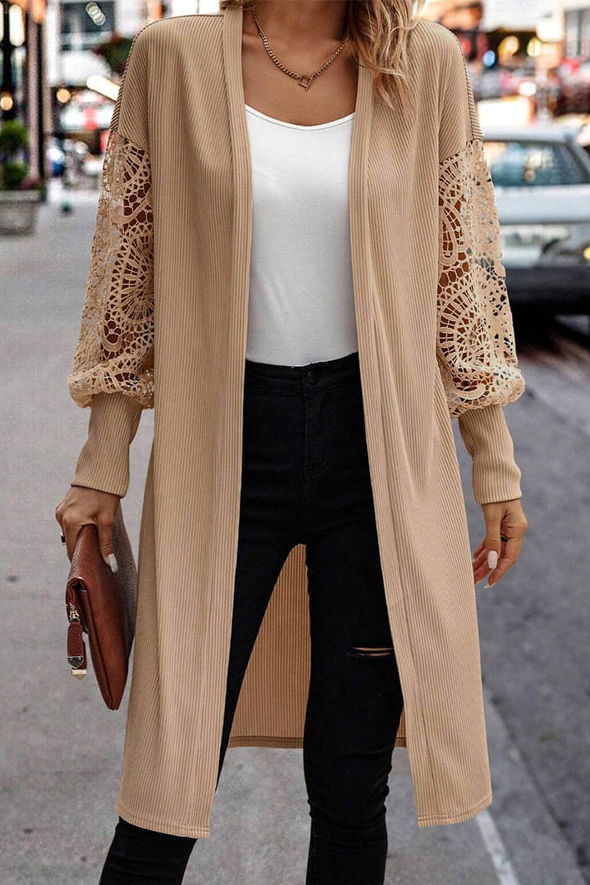 Parchment Lace Patchwork Ribbed Knit Open Front Duster Cardigan - enhanced image 4