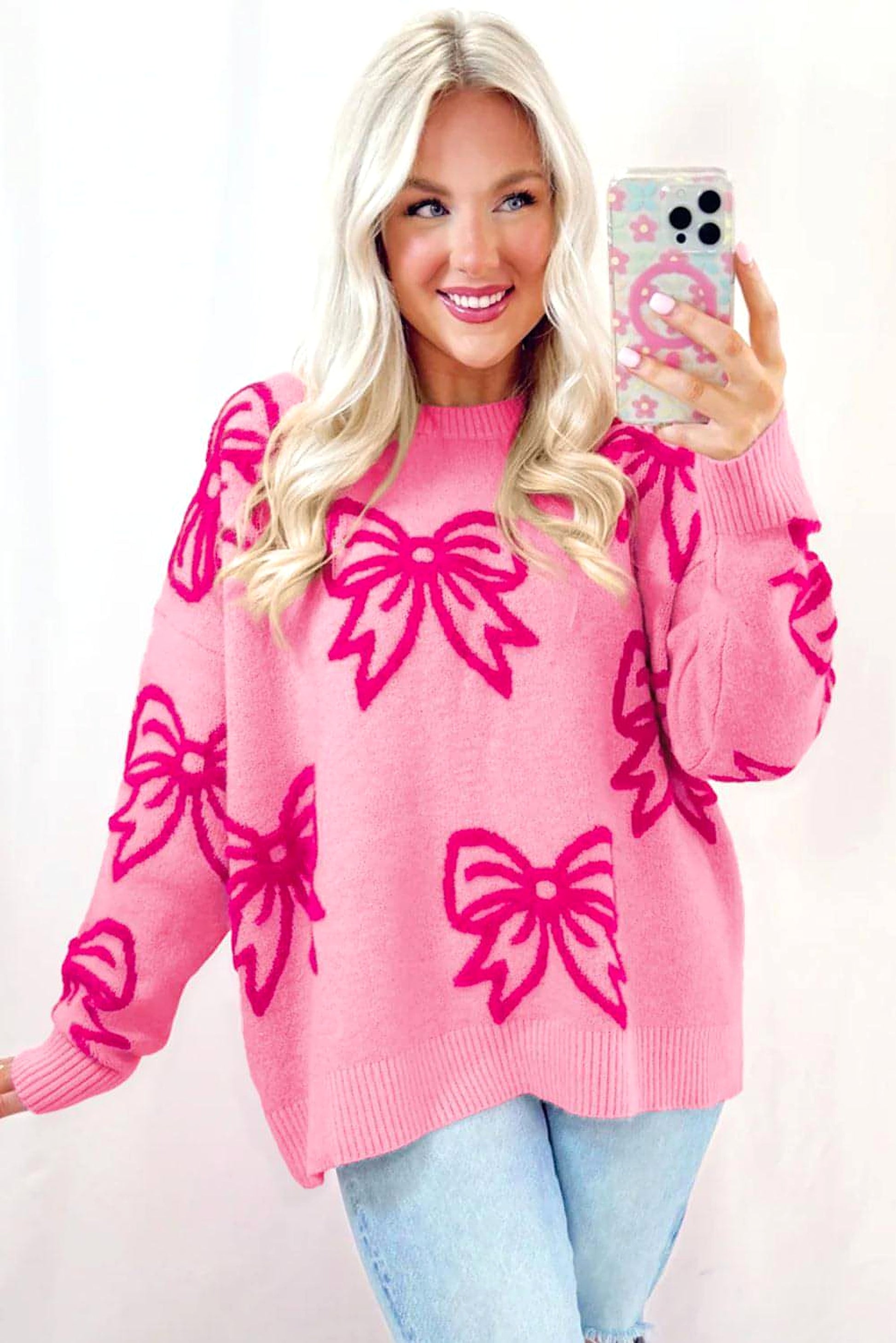 Pink Bow Pattern Drop Shoulder Loose Sweater - enhanced image 4