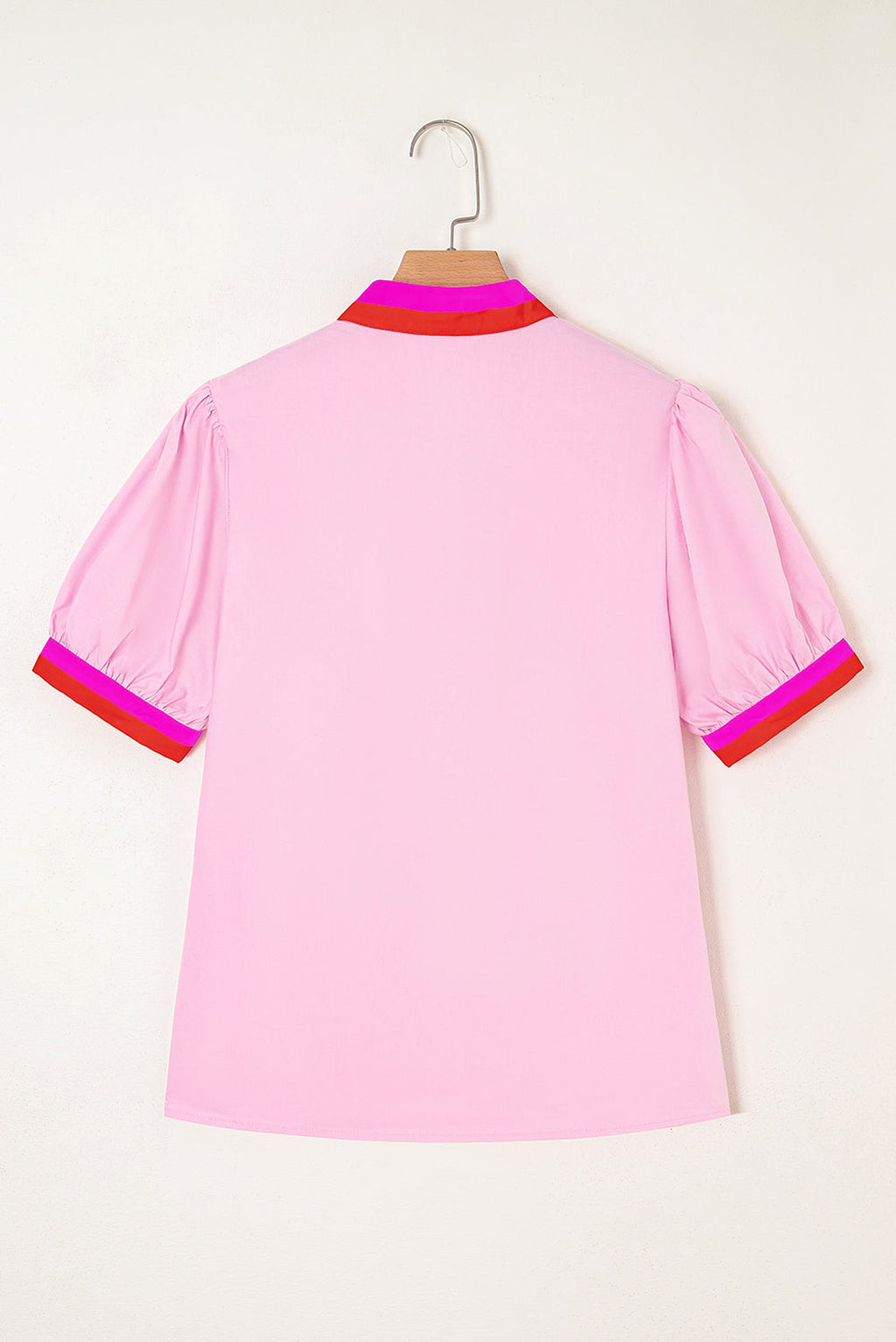 Pink Contrast Striped V Neck Collision Short Puff Sleeve Blouse - enhanced image 4