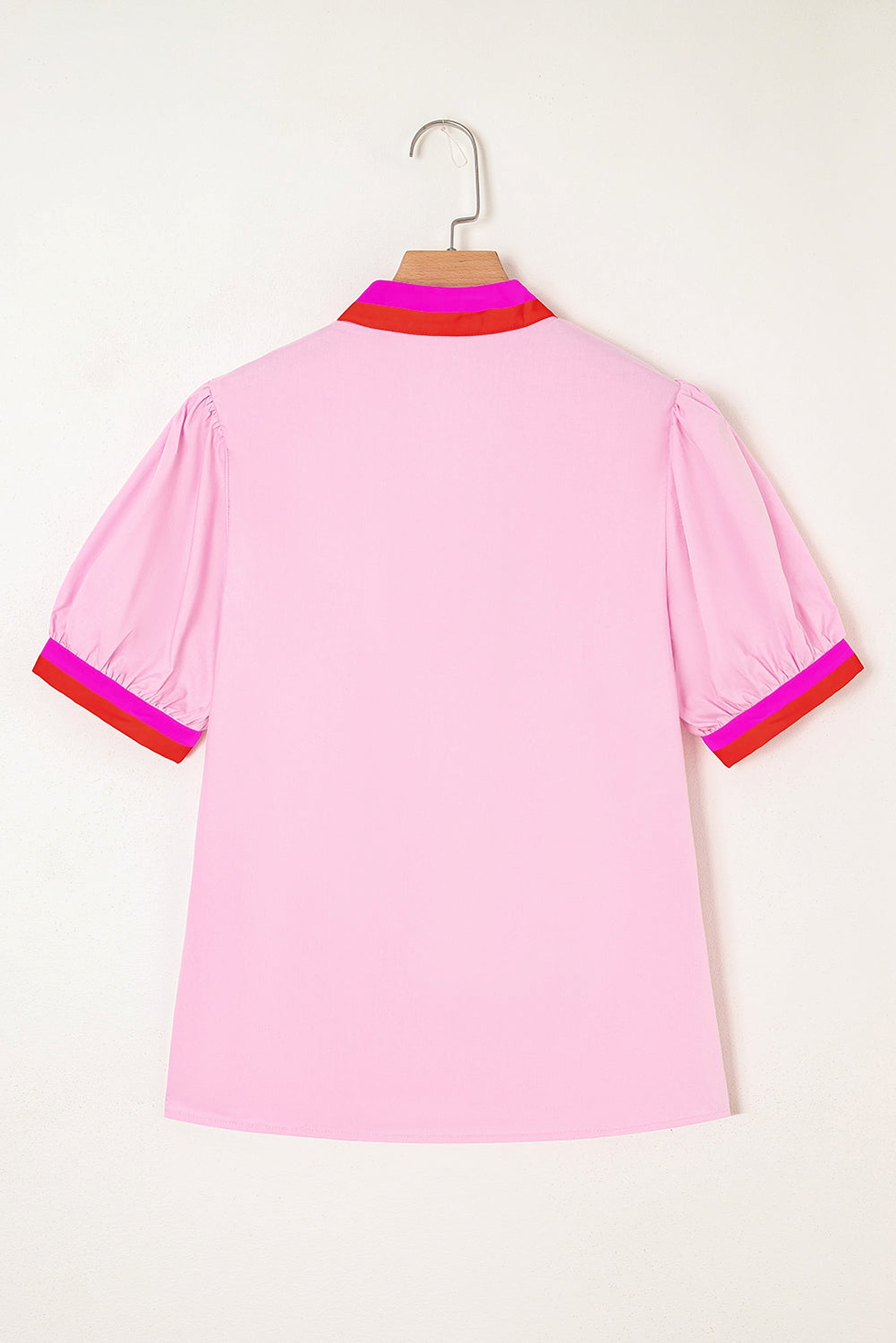 Pink Contrast Striped V Neck Collision Short Puff Sleeve Blouse - enhanced image 4