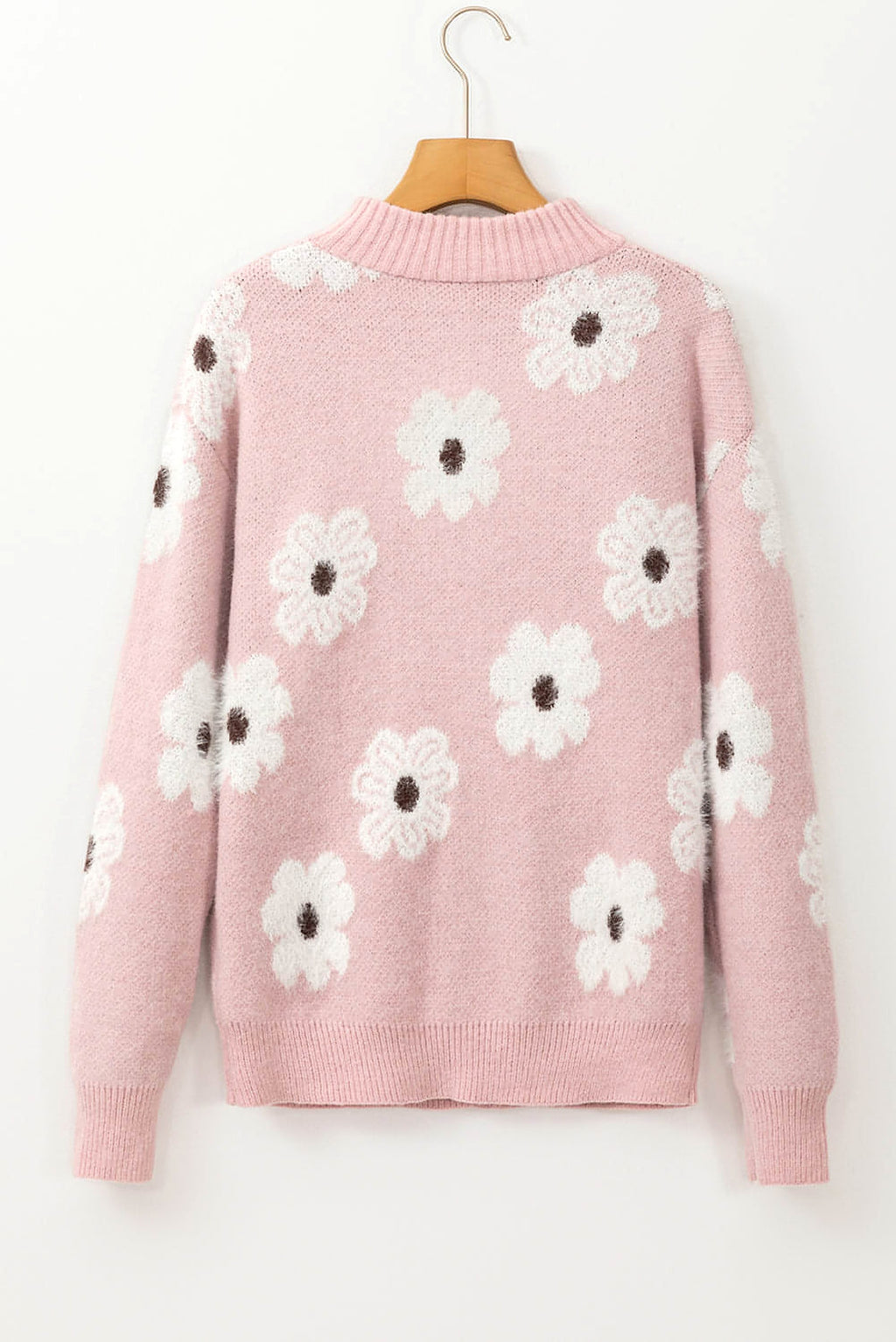 Pink Floral Pattern Half Zip Drop Shoulder Sweater - enhanced image 4