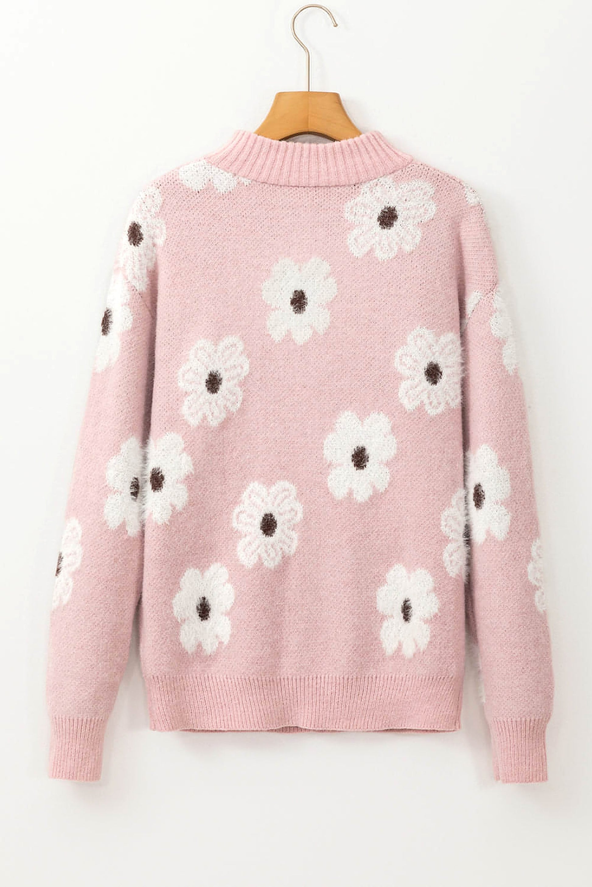 Pink Floral Pattern Half Zip Drop Shoulder Sweater - enhanced image 4