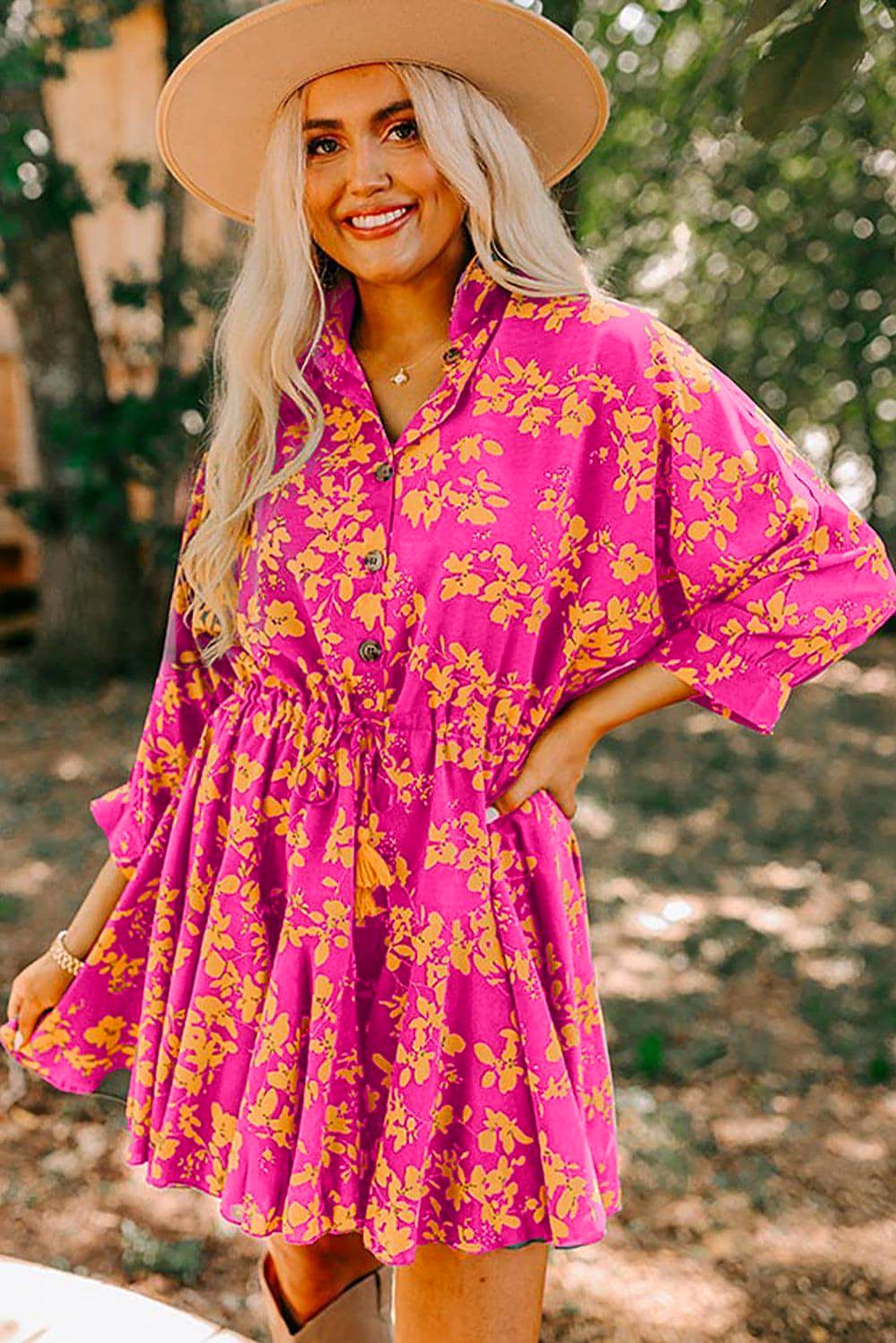 Pink Floral Print Drawstring Tunic Flowy Short Dress - enhanced image 4