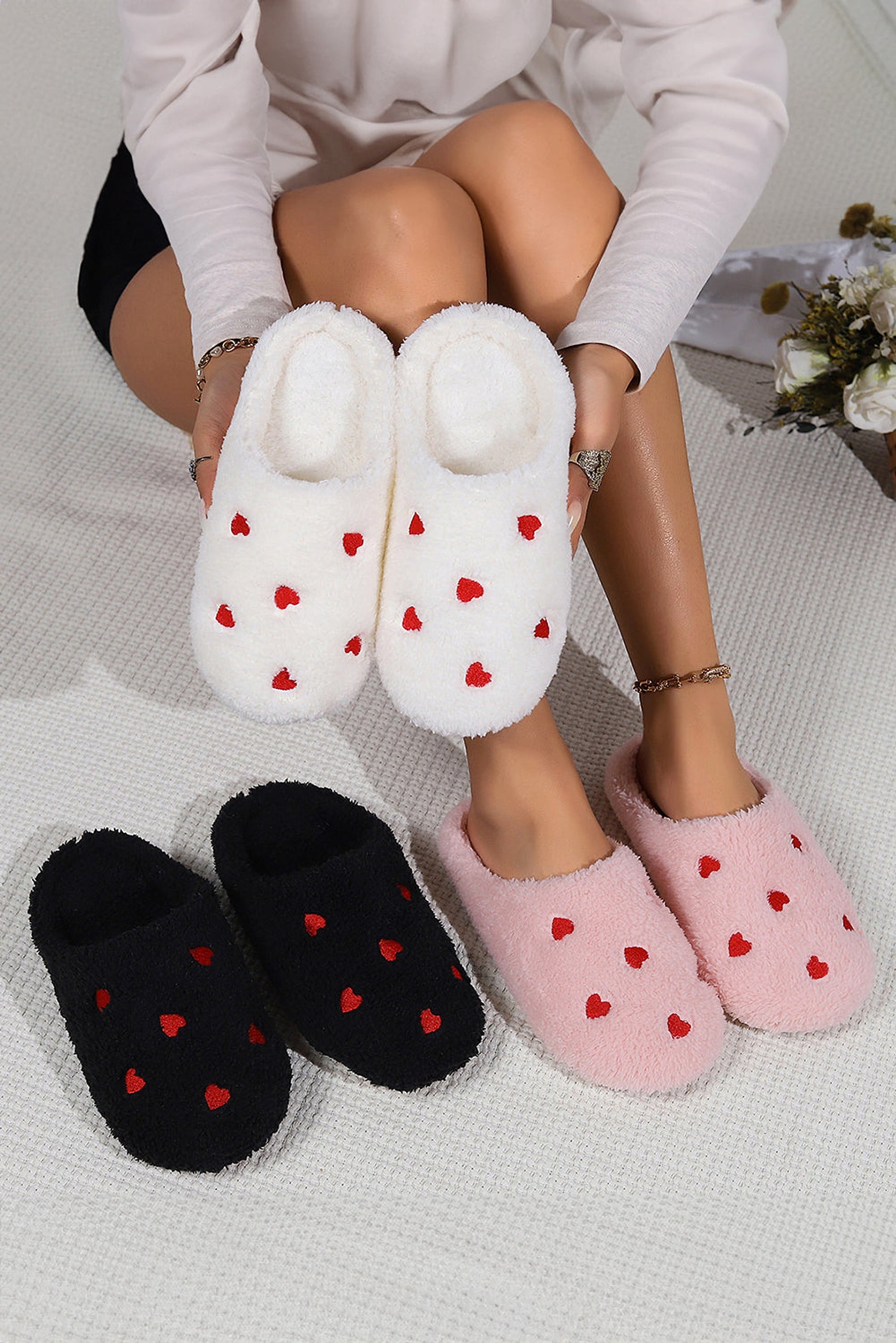 Pink Heart Shape Embroidered Slip On Plush Slippers - enhanced image 4