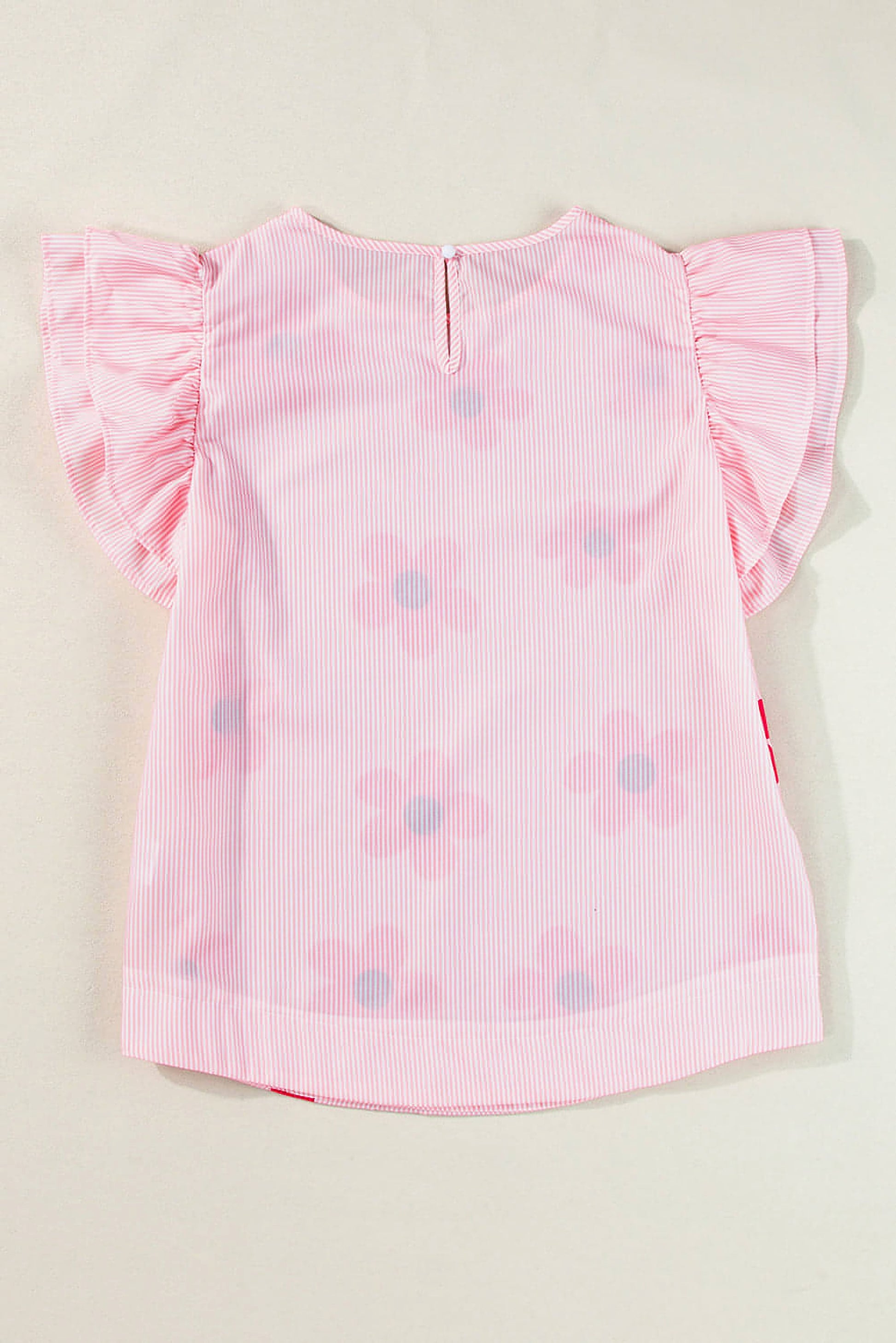 Pink Pinstripe Floral Print Ruffled Flutter Sleeve Blouse - enhanced image 4