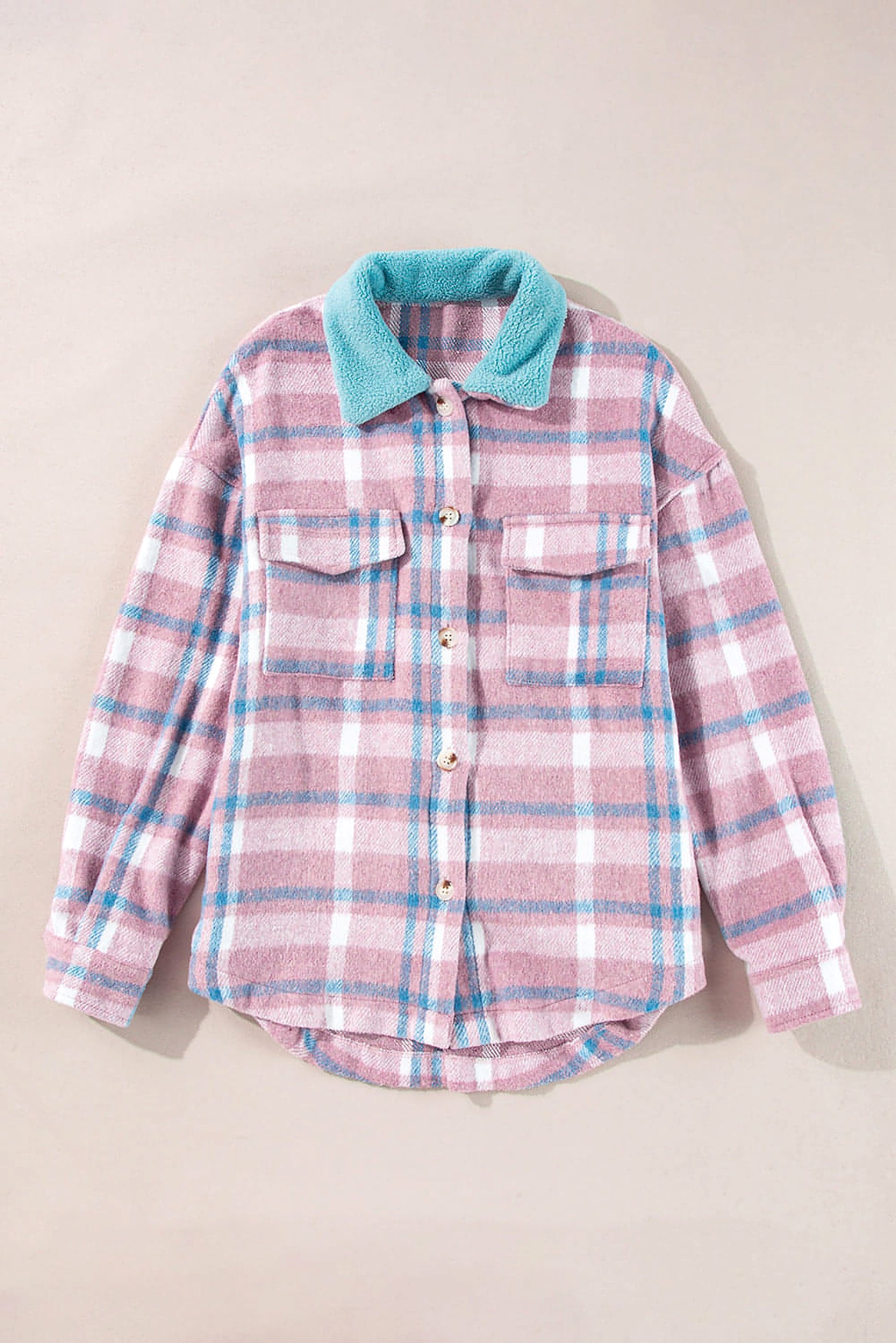 Pink Plaid Print Color Block Collared Flap Pockets Loose Shacket - enhanced image 4