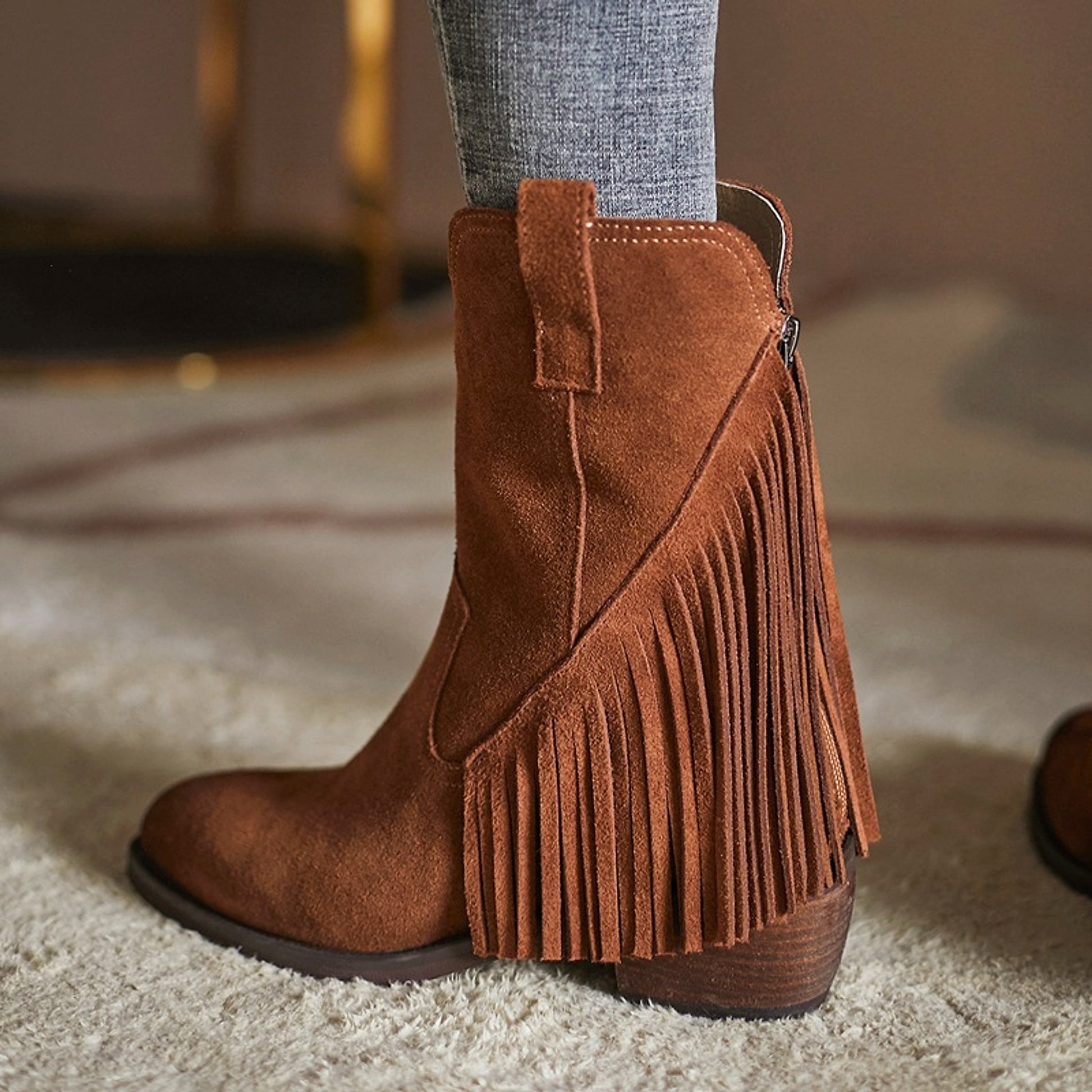 Pointed Tassel Vintage Boots with Thick Heel – "Tassel Edge" Edition - enhanced image 4