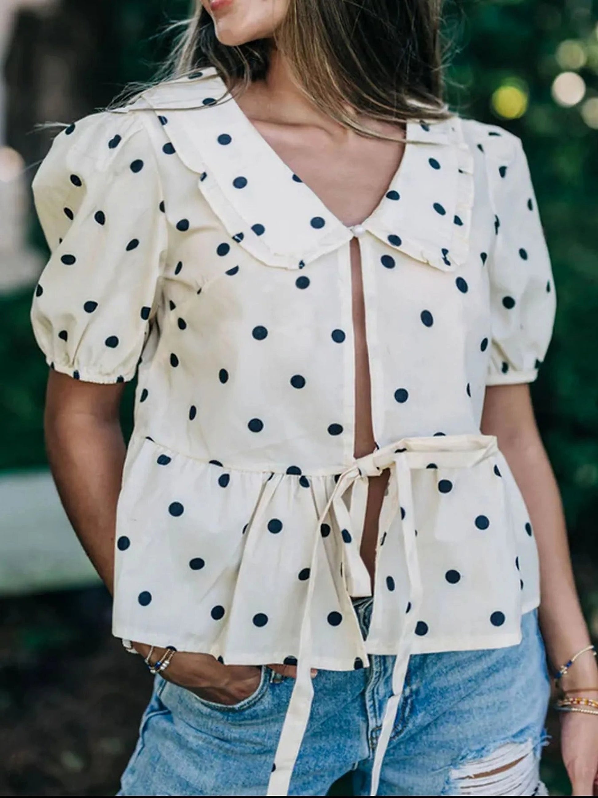 Polka Dot Collared Puff Sleeve Peplum Top - enhanced image 4