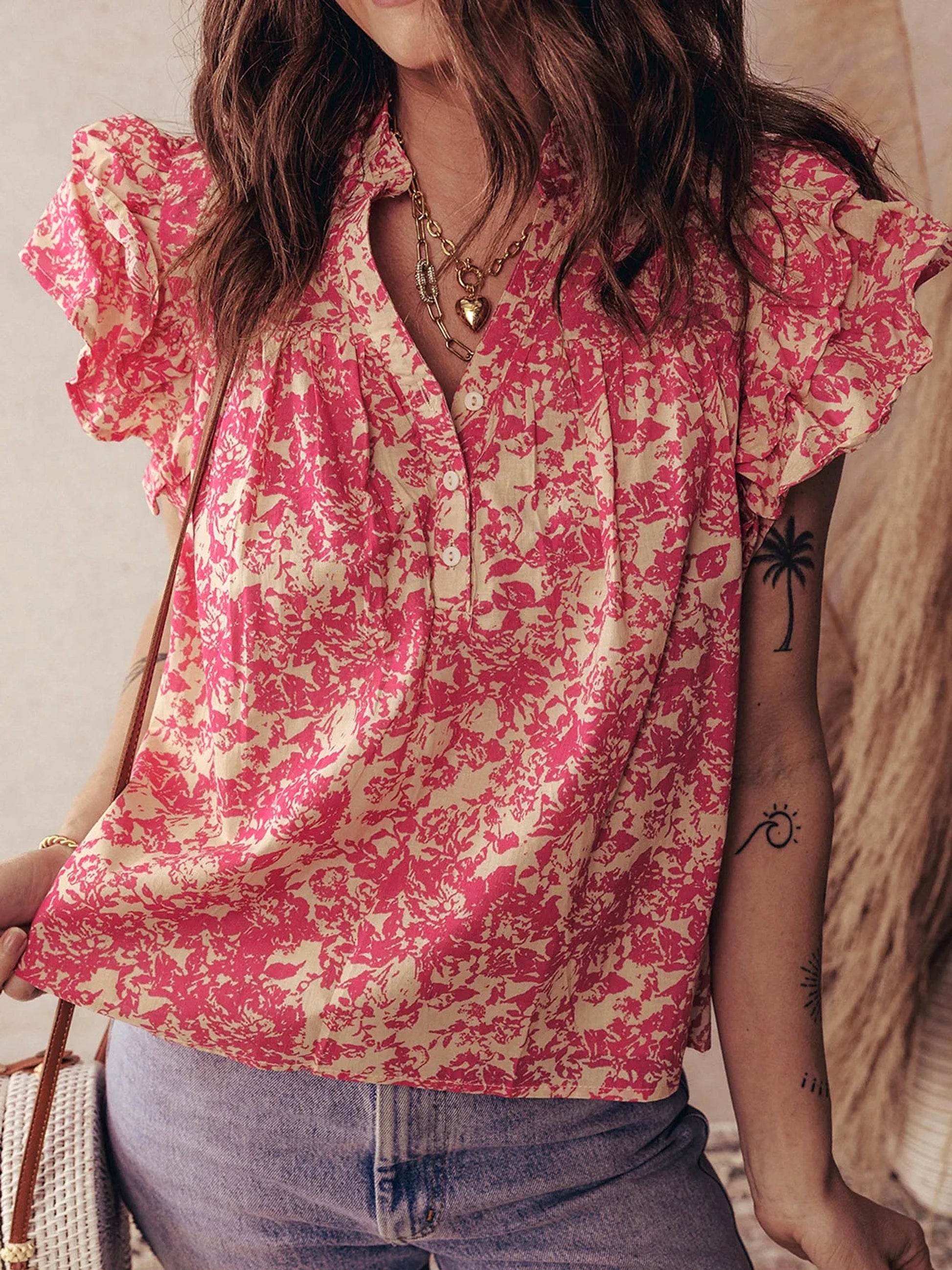 Printed Half Button Neck Ruffle Sleeve Blouse - enhanced image 4