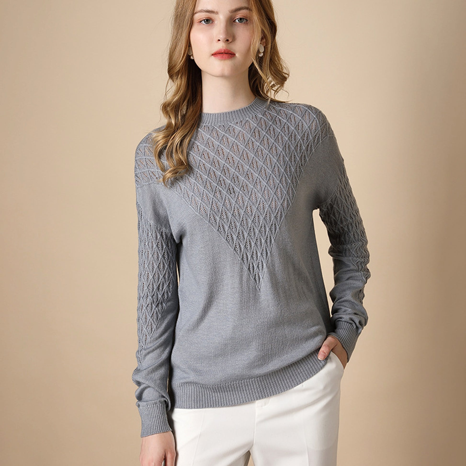 Pure Color Hollow Knitted Sweater Women Half High Fashion - enhanced image 4