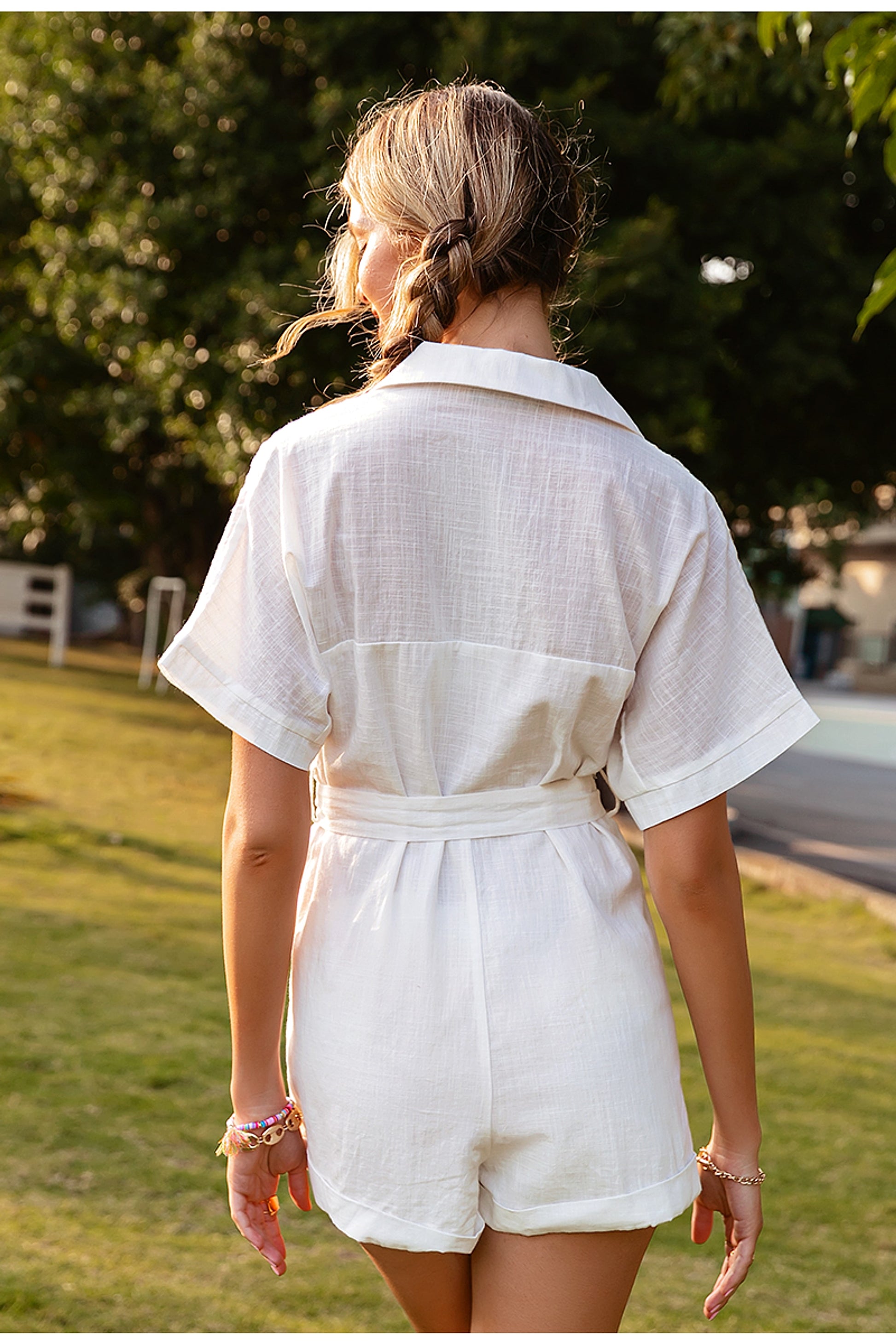 Pure Color Short-sleeved Lapel Tie Jumpsuit Casual Jumpsuit Women - enhanced image 4