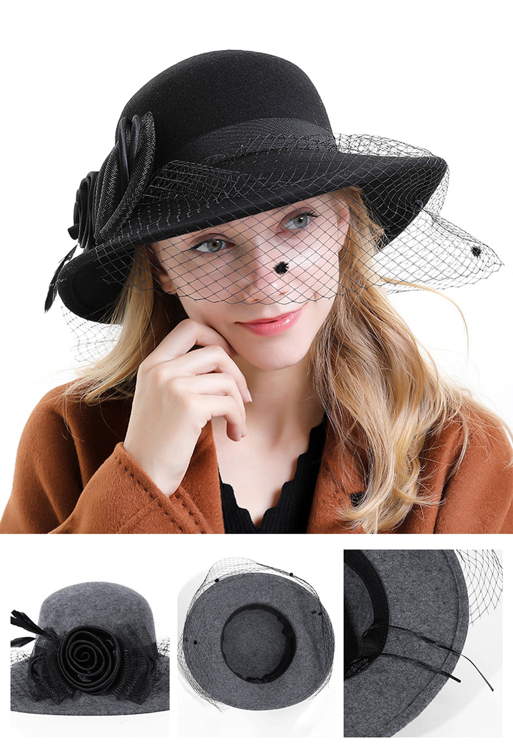 Pure Wool Ladies Banquet Lace Mesh Flower Big Brim Fisherman Hat - enhanced image 4