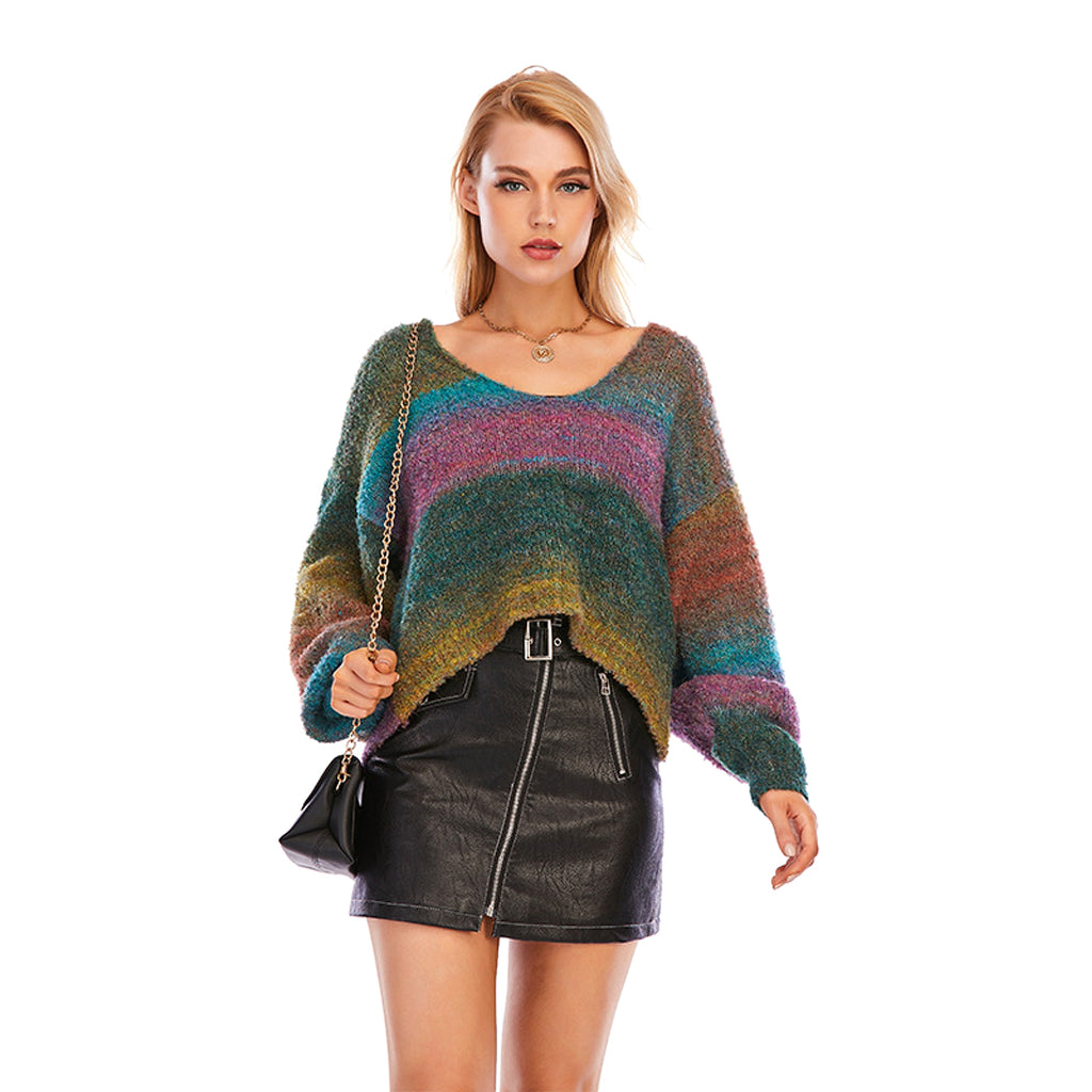 Rainbow Striped V-neck Sweater Loose-fitting Women - enhanced image 4