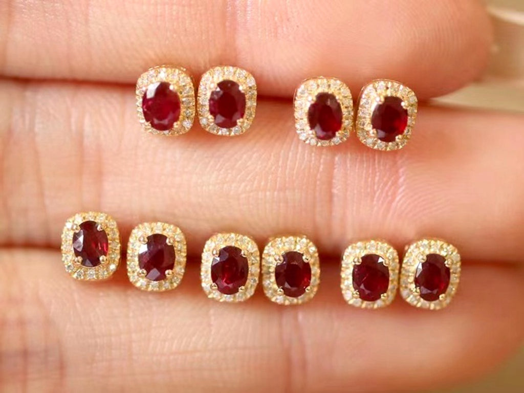 Real Gold Natural Ruby Diamond Stud Earrings Pigeon Blood Red Color - enhanced image 4