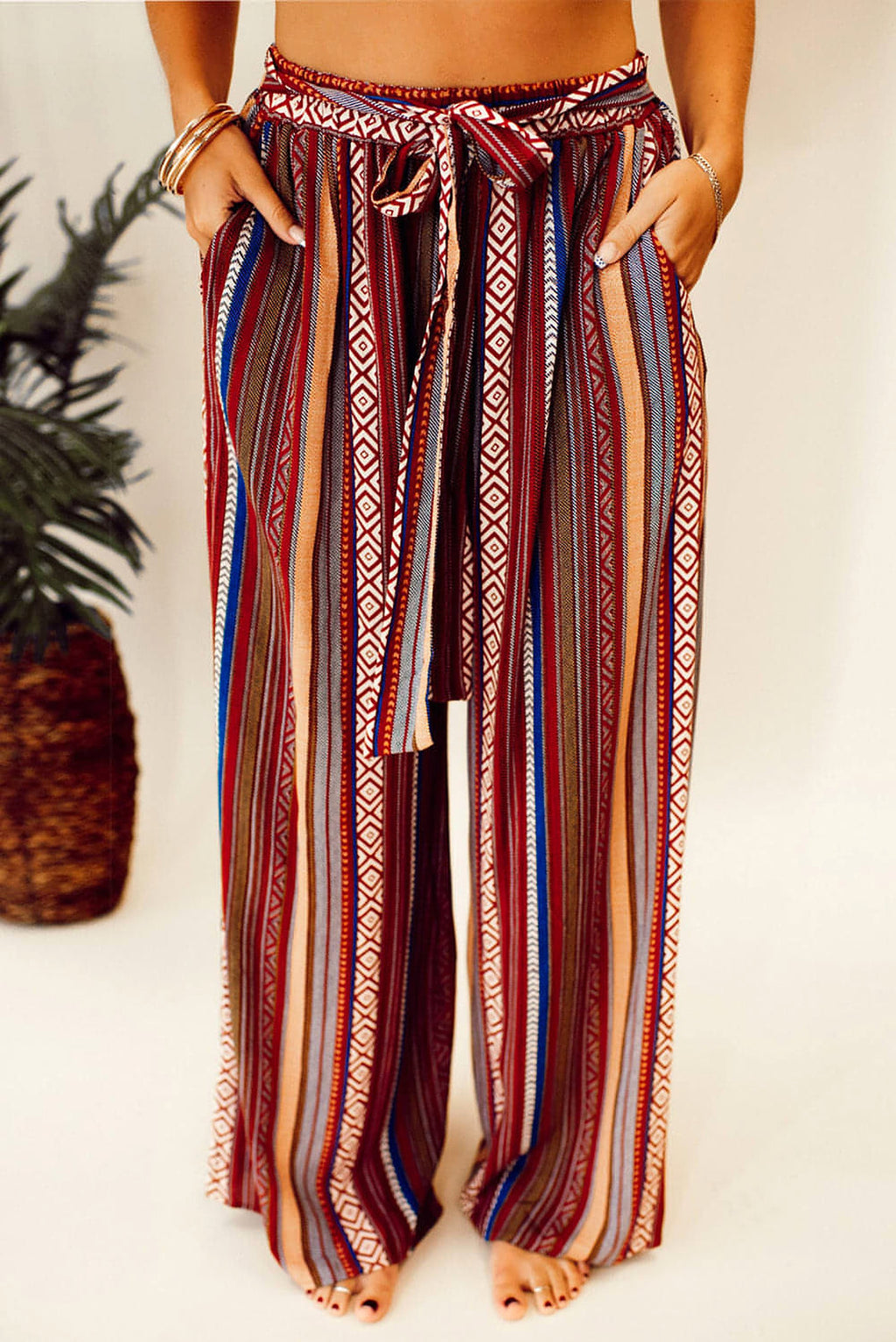 Red Boho Ethnic Striped Print Tie Waist Wide Leg Pants - enhanced image 4