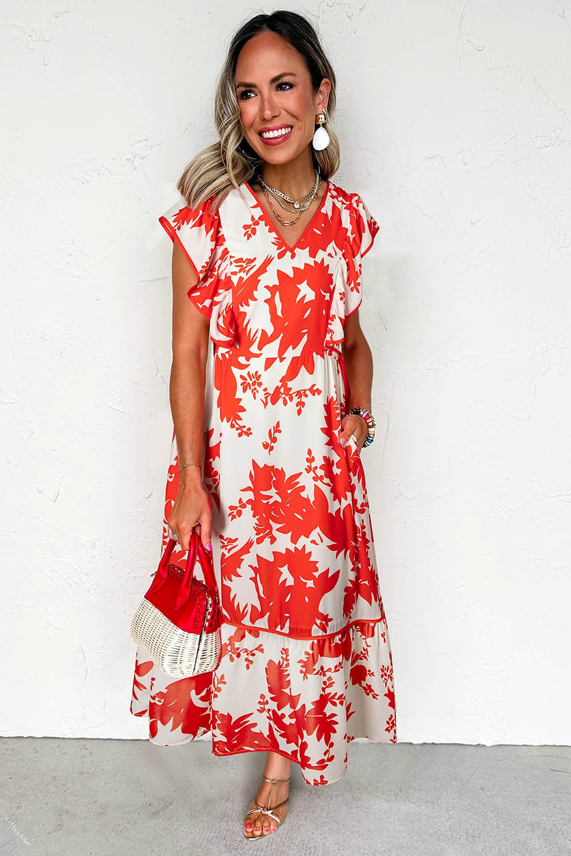 Red Floral Print Trimmed V Neck Ruffle Sleeve Long Dress - enhanced image 4