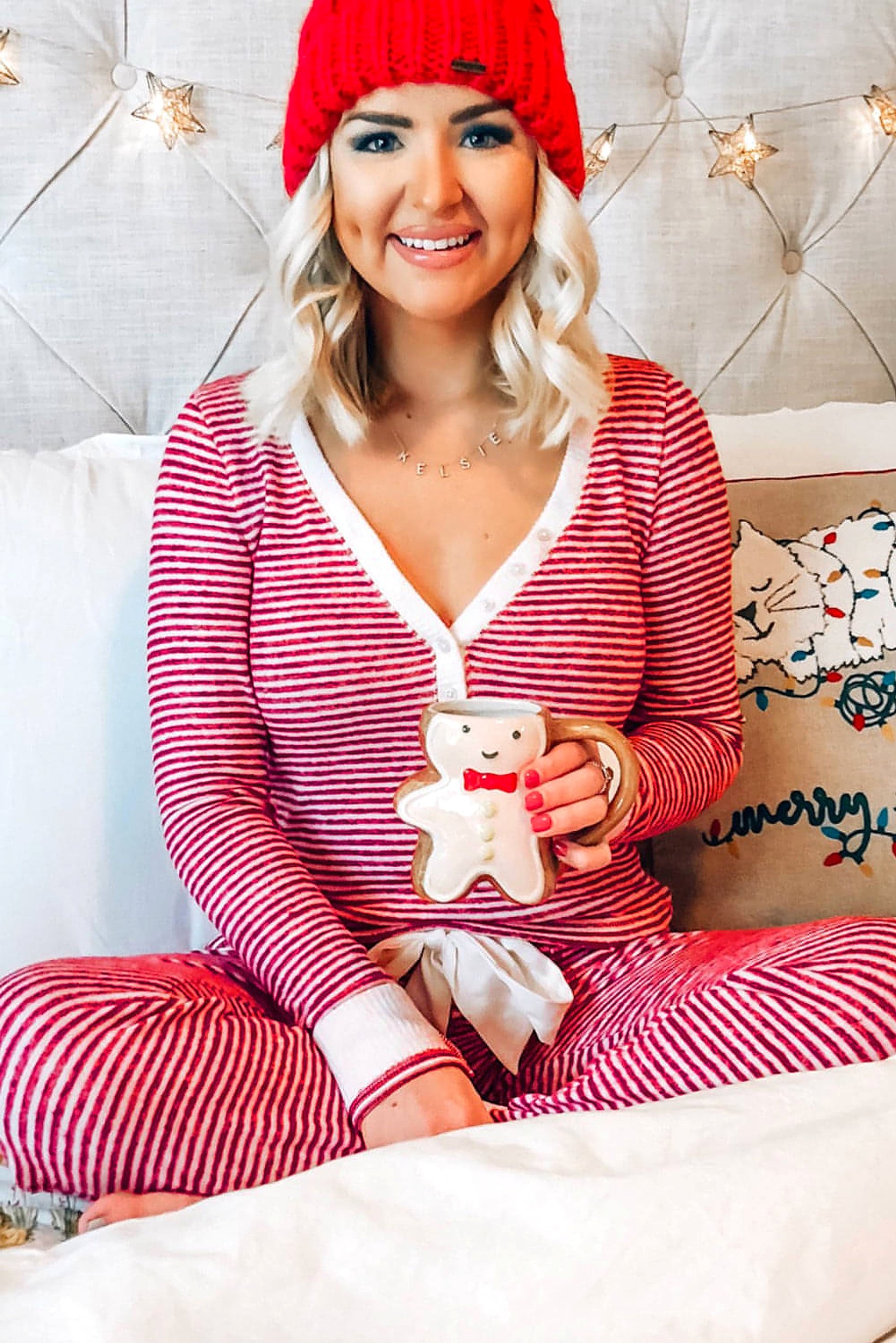Red Stripe Buttoned V Neck Top and Knotted Waist Pants Lounge Set - enhanced image 4