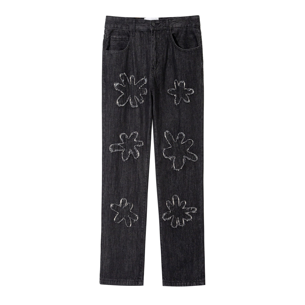 Retro Burnt Flowers Niche Wash Old Jeans For Men - enhanced image 4