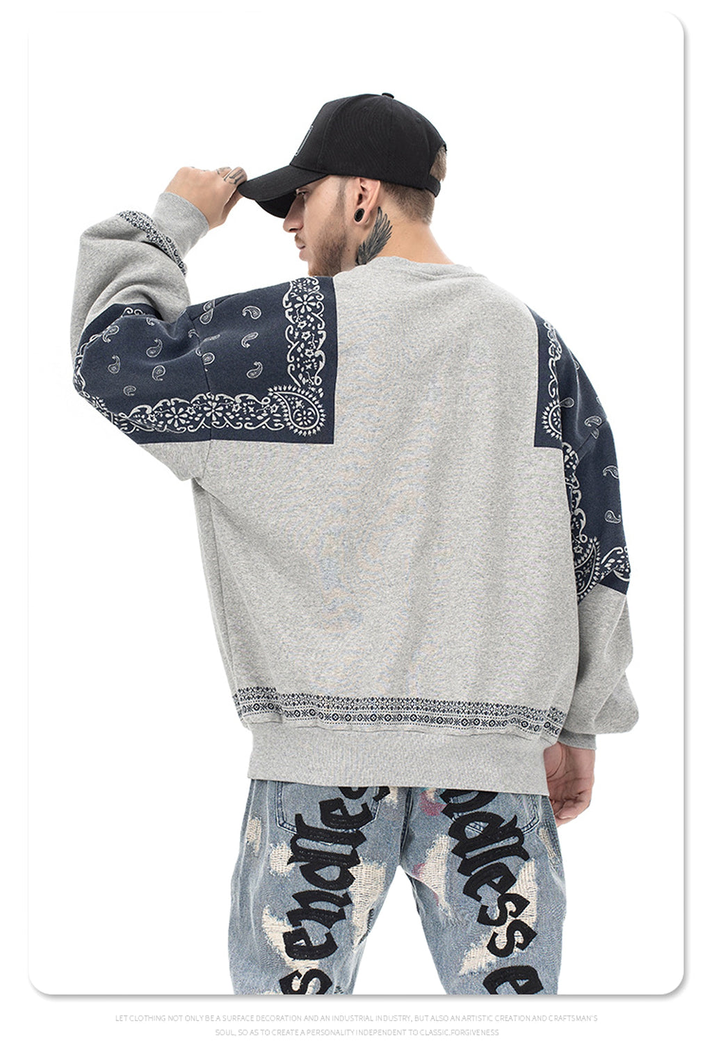 Retro Paisley Stitching Fleece-lined Crew Neck Sweater - enhanced image 4
