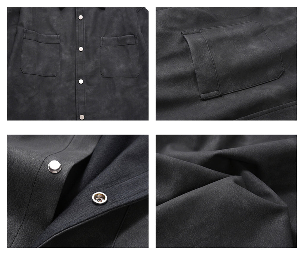 Retro Street Style Washed-out PU Leather DressShirt Men - enhanced image 4