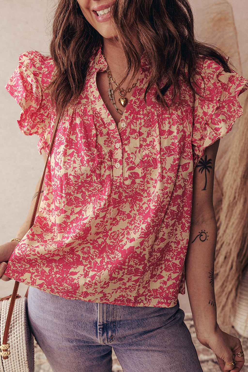 Rose Allover Printed Half Button Neck Ruffle Sleeve Blouse - enhanced image 4
