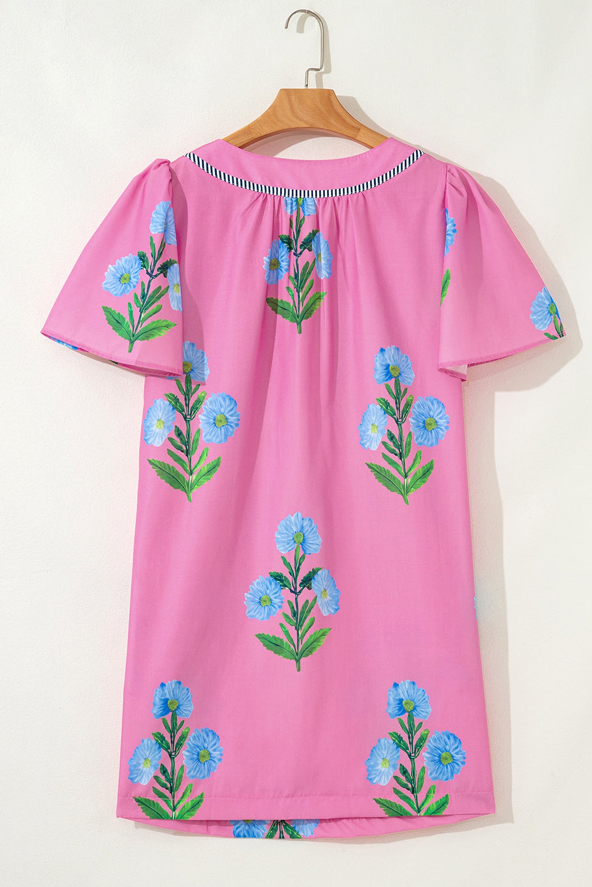 Rose Floral Short Sleeve Split Neck Loose Mini Dress - enhanced image 4