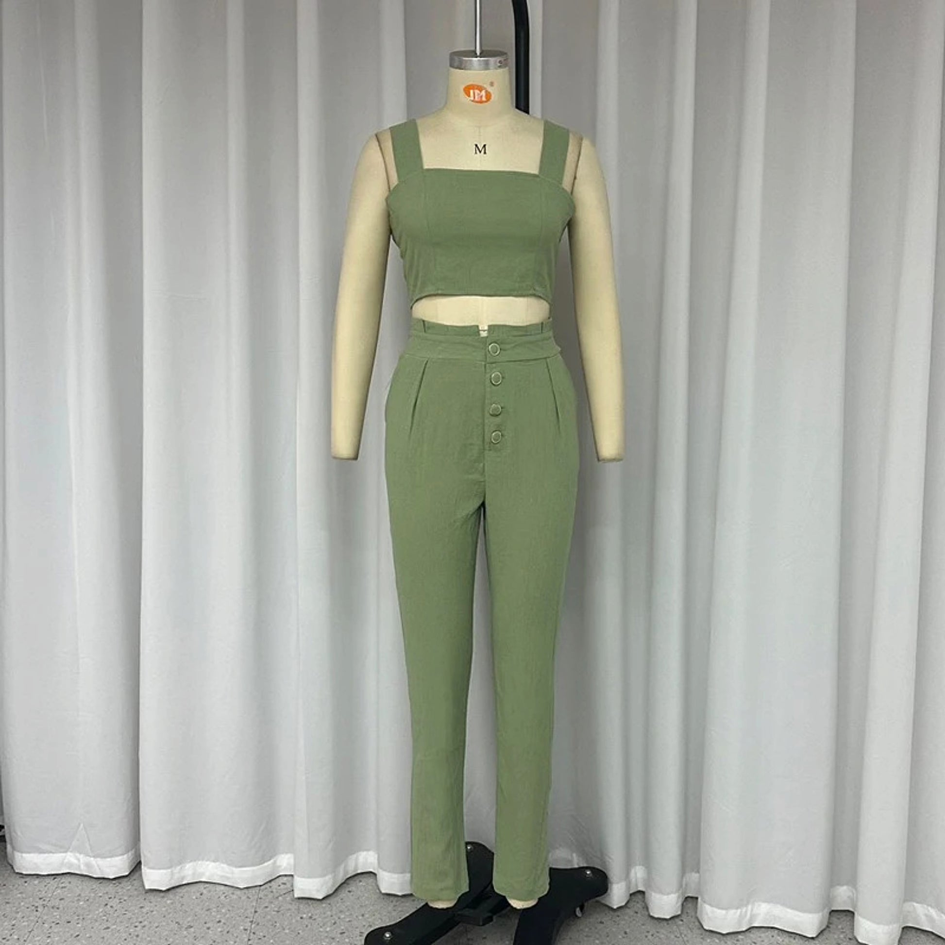 Short Crop-top Spaghetti-strap Top High Waist Trousers Two-piece Set - enhanced image 4