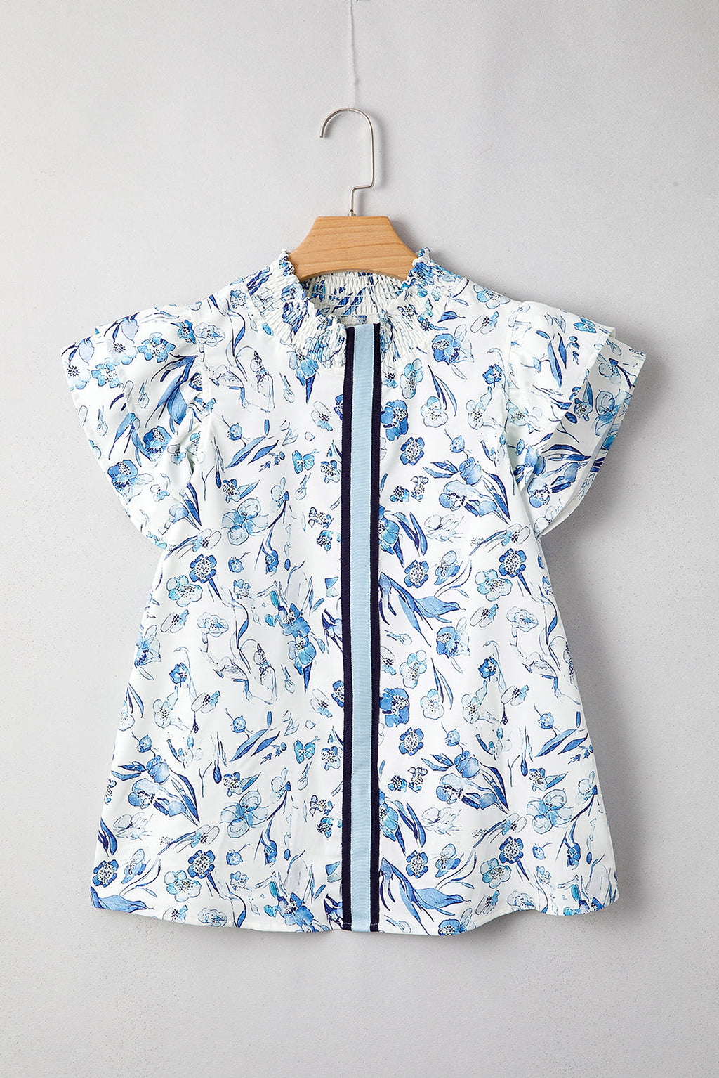 Sky Blue Floral Print Ruffled Short Sleeve Blouse - enhanced image 4