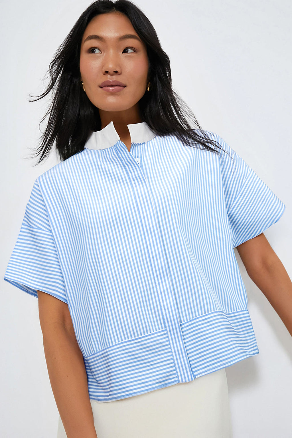 Sky Blue Stripe Contrast Collar Patchwork Hidden Button Short Sleeve Summer Shirt - enhanced image 4