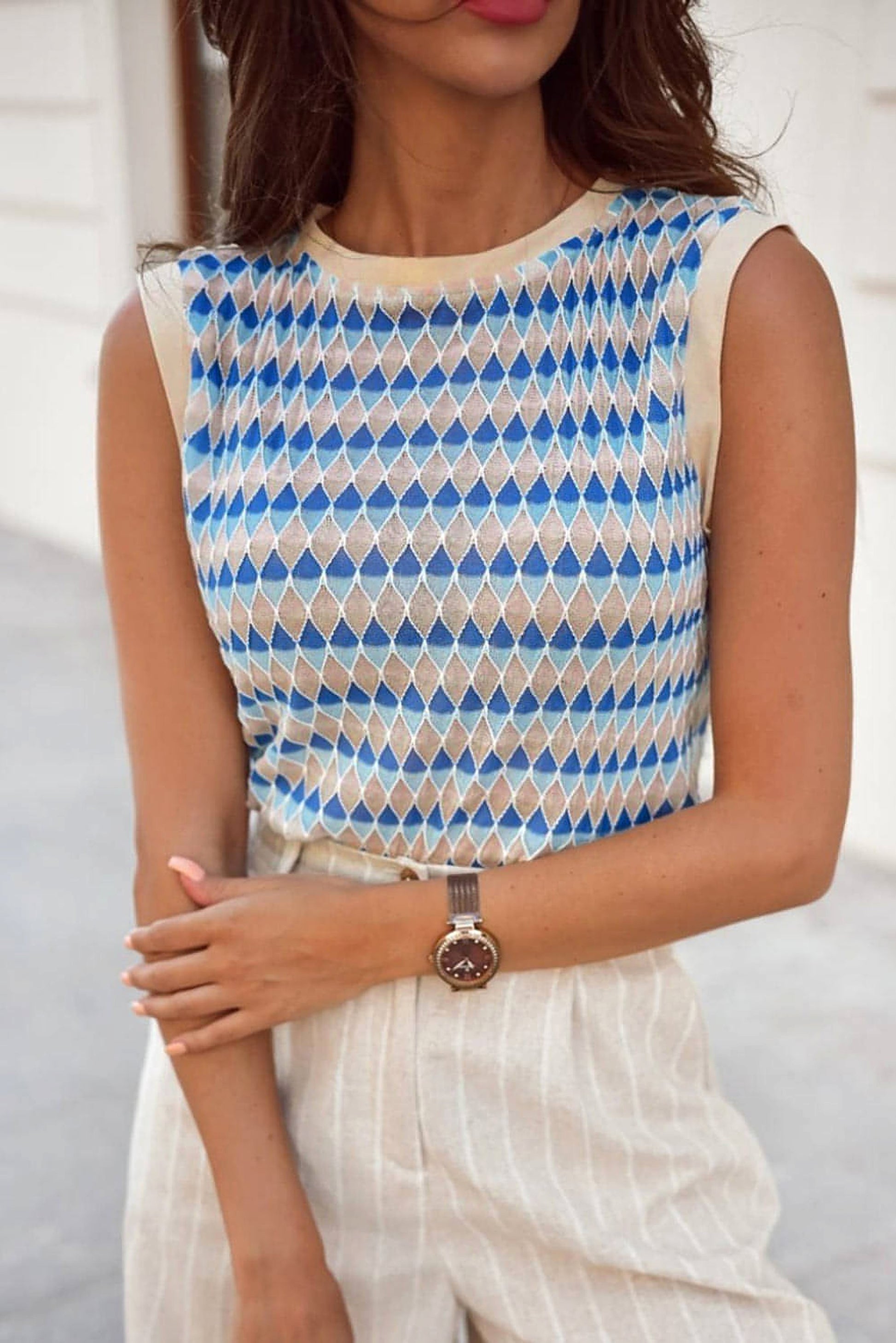 Sky Blue Stripe Geometric Print Round Neck Slim Fit Sweater Vest - enhanced image 4